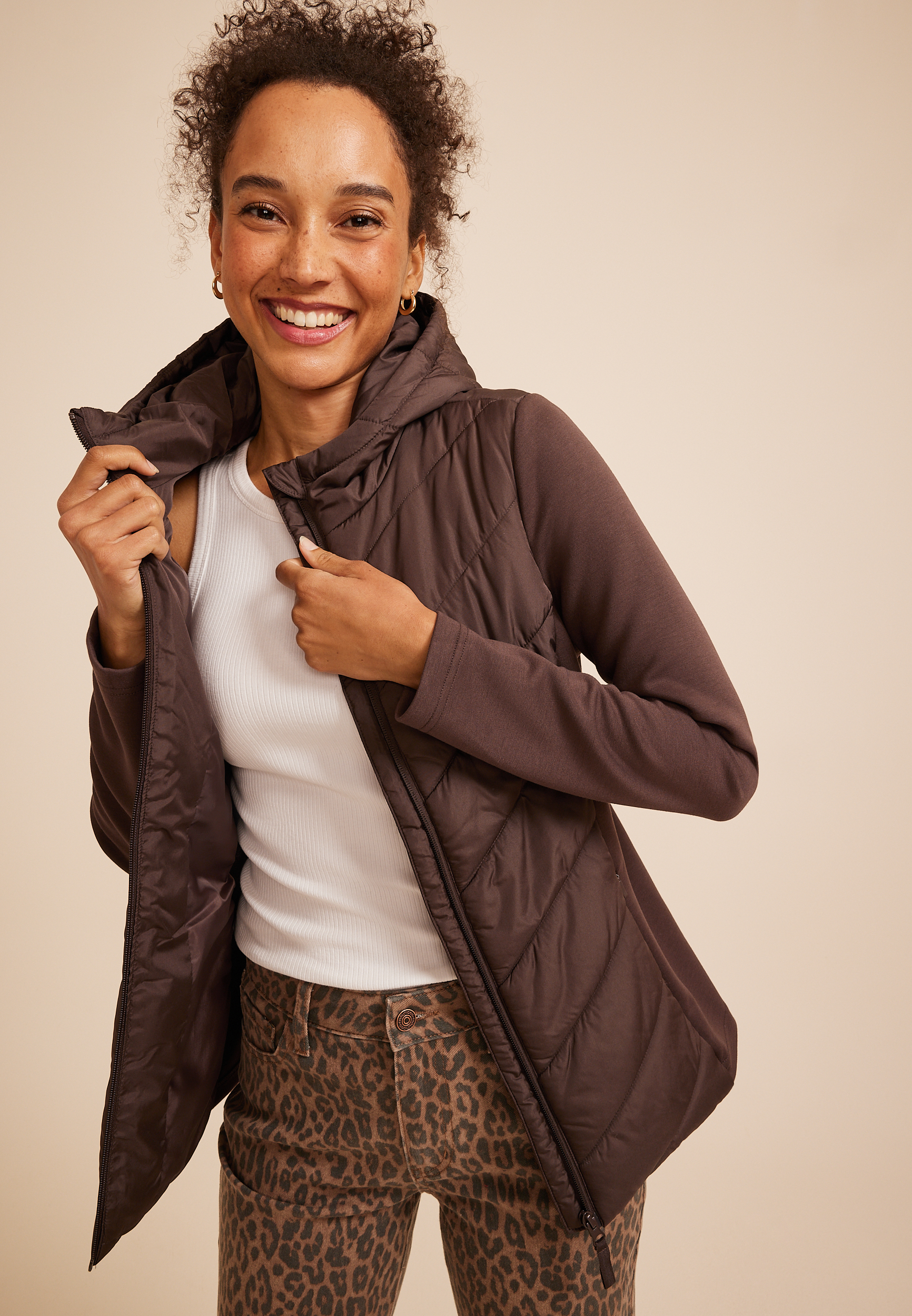 Hooded Knit Sleeve Puffer Jacket, COFFEE BEAN, large