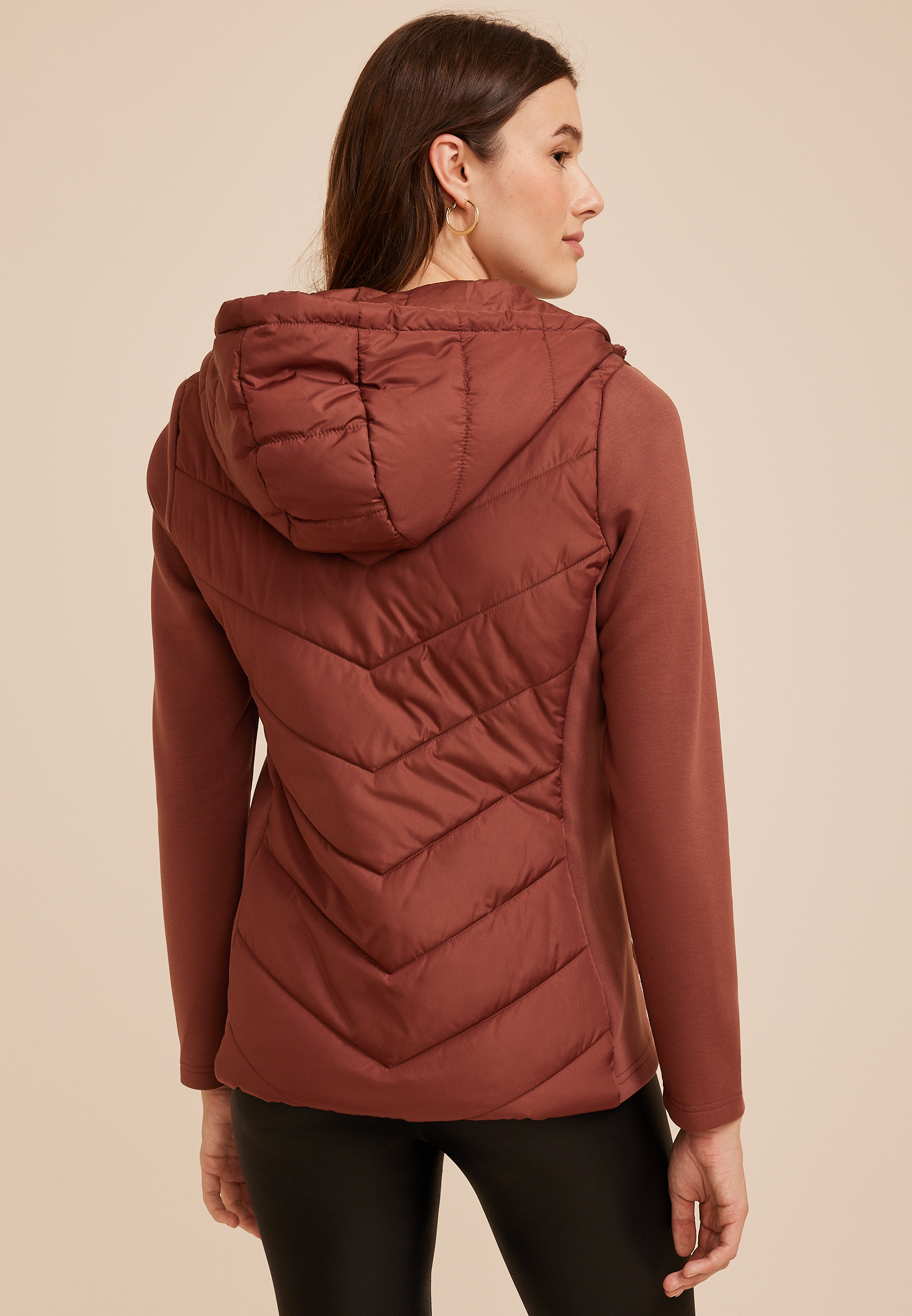 Hooded Knit Sleeve Puffer Jacket, C8065, large