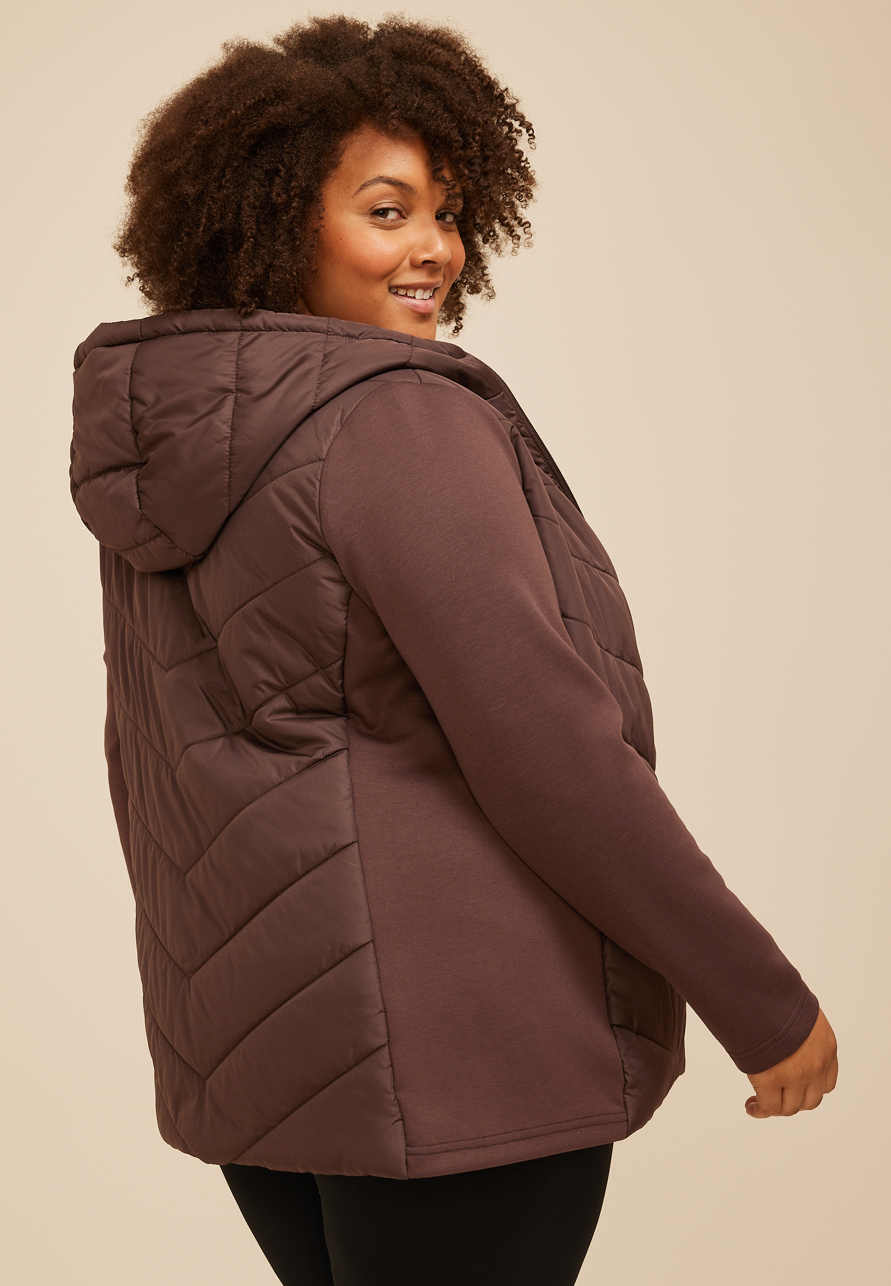 Plus Size Hooded Knit Sleeve Puffer Jacket, COFFEE BEAN, large