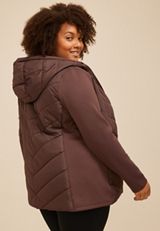 Plus Size Hooded Knit Sleeve Puffer Jacket, COFFEE BEAN, small