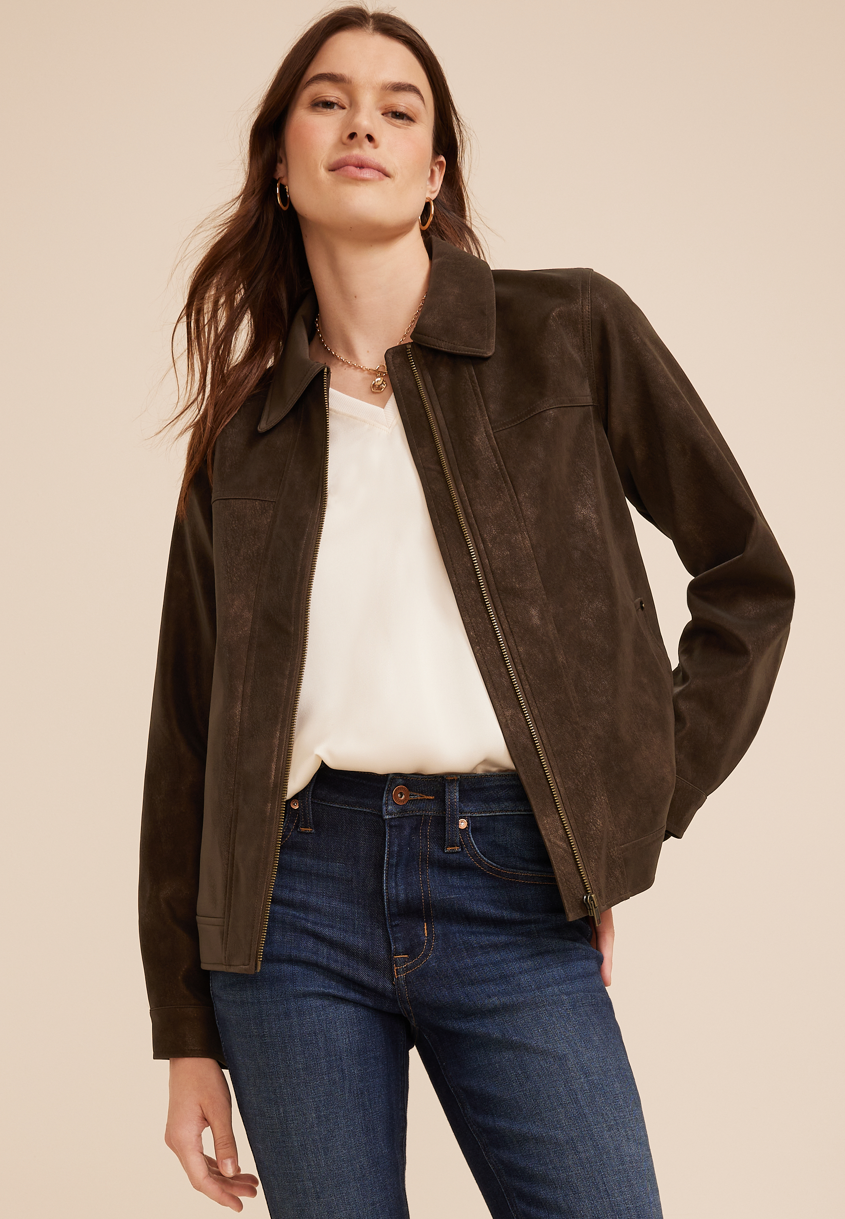 Faux Suede Zip Front Jacket, C115, large