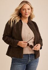 Plus Size Faux Suede Zip Front Jacket, C115, small