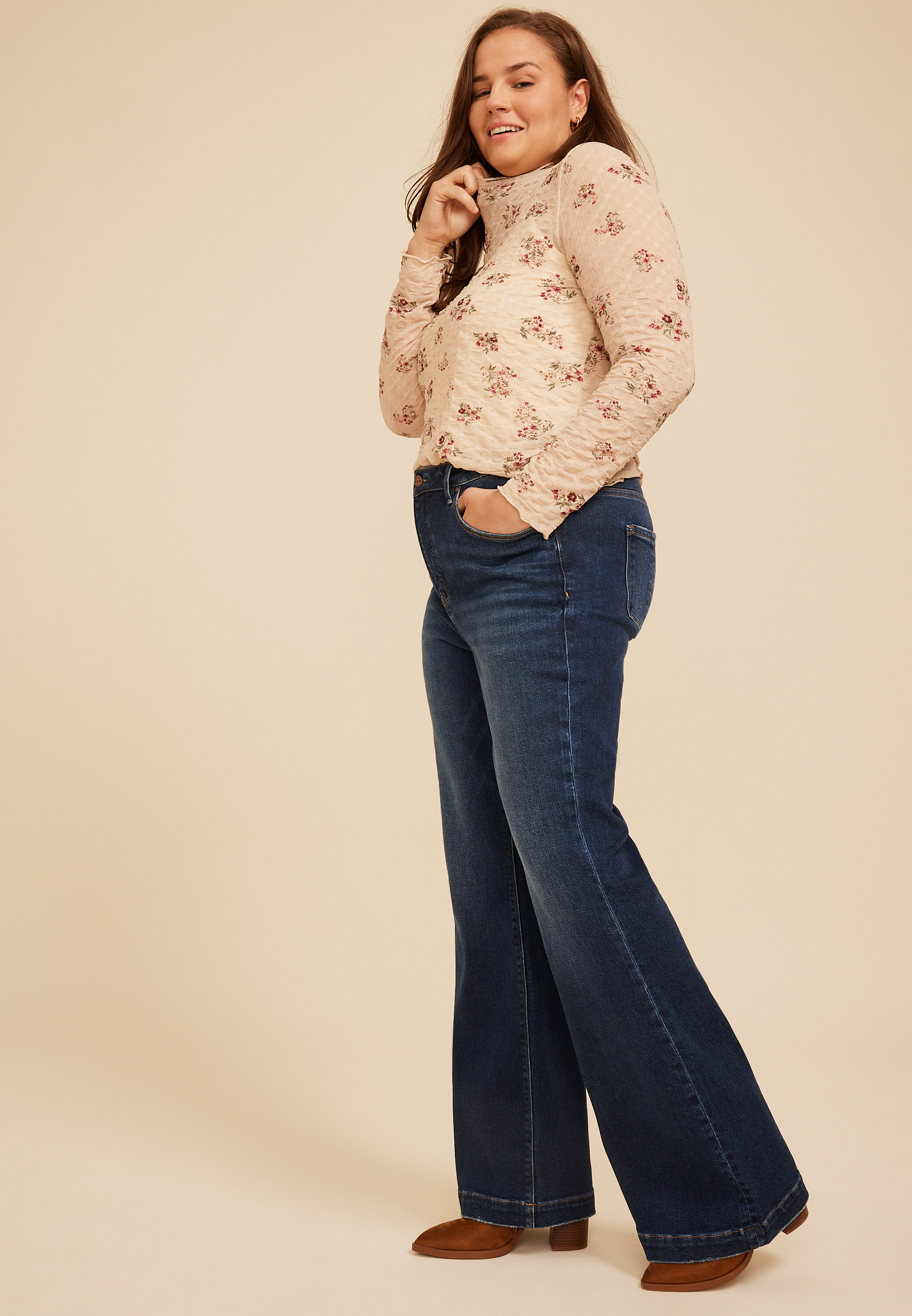 Plus Size Risen Jeans® Mid Rise Tummy Control Panel Trouser Hem Flare Jean, C258, large