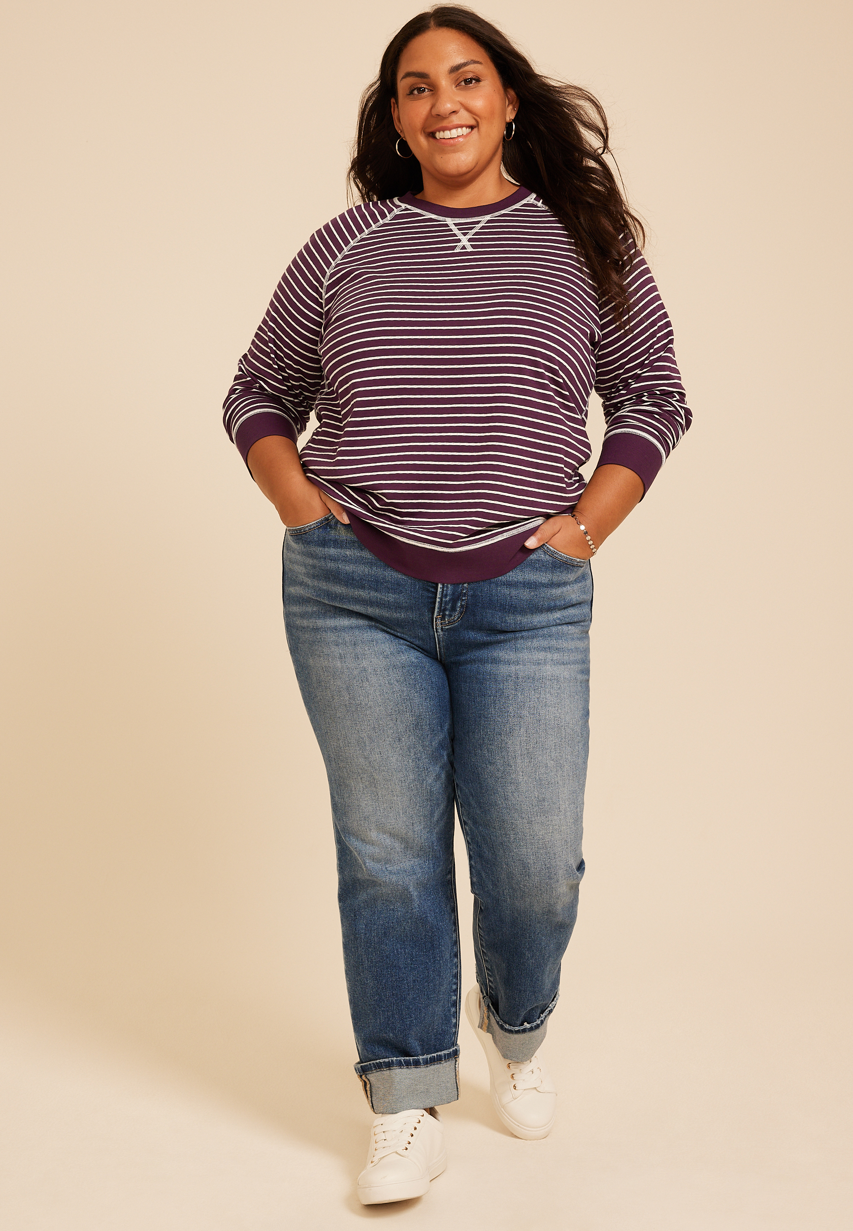 Plus Size Striped Crew Neck Sweatshirt, C9028, large