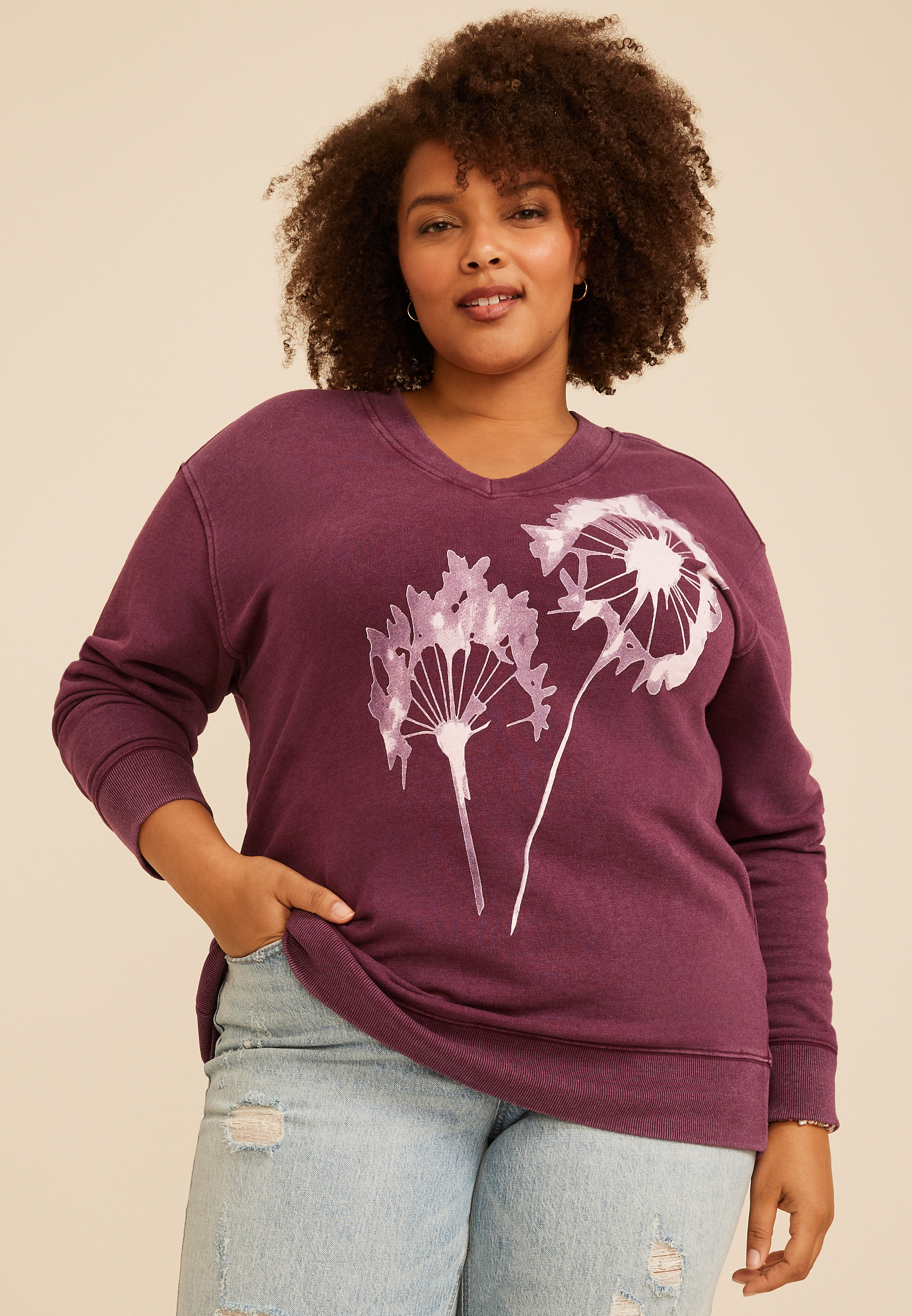 Plus Size Dandelion V Neck Sweatshirt, C830, large