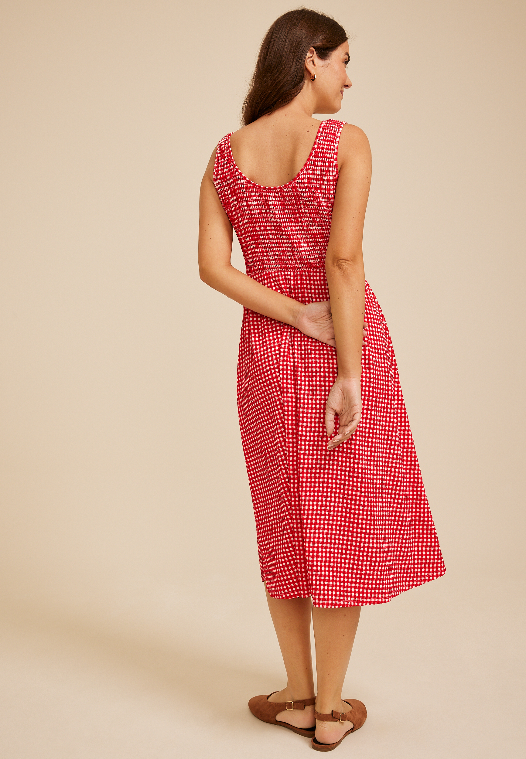 Basque Waist Smocked Gingham Midi Dress, C2947, large