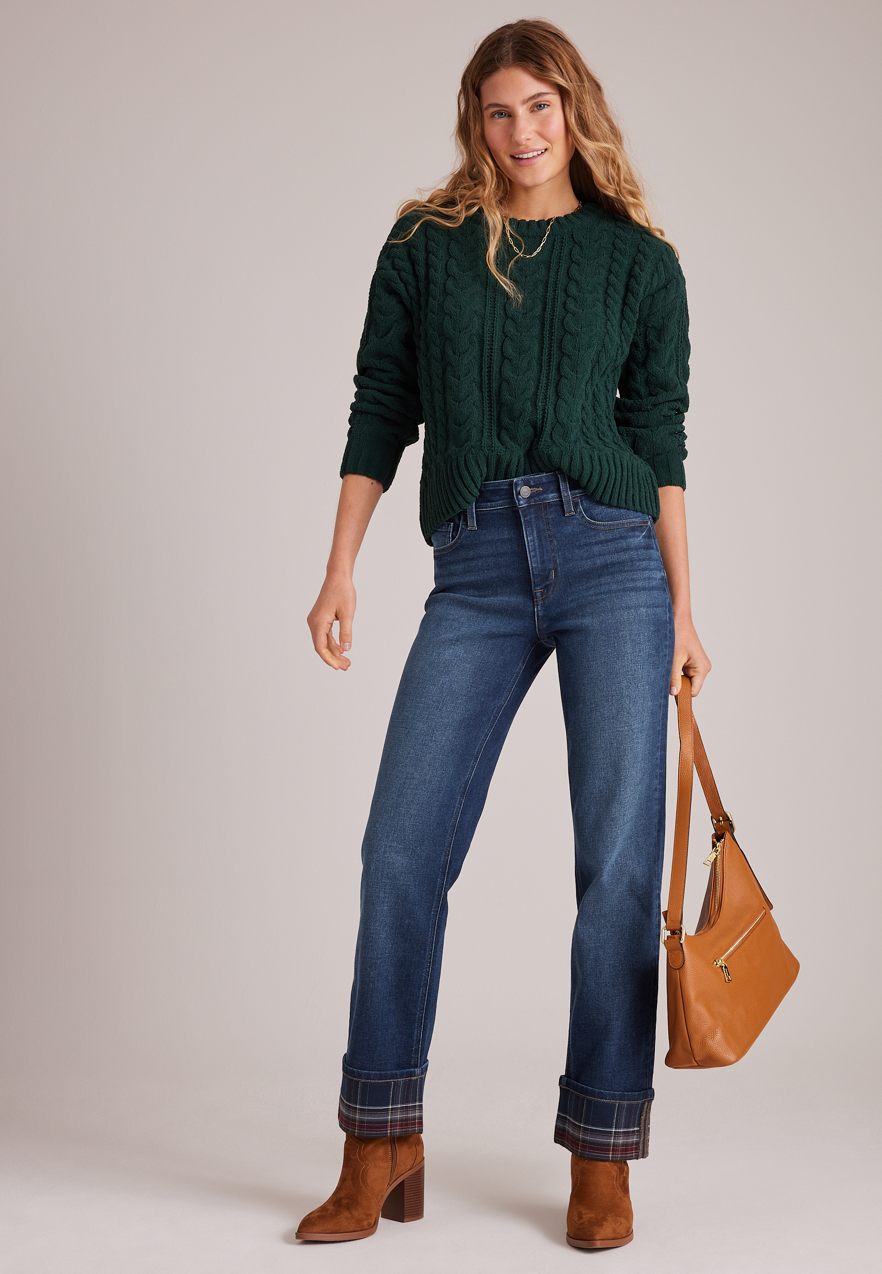 m jeans by maurices™ High Rise Plaid Cuffed Relaxed Straight Jeans, C258, large