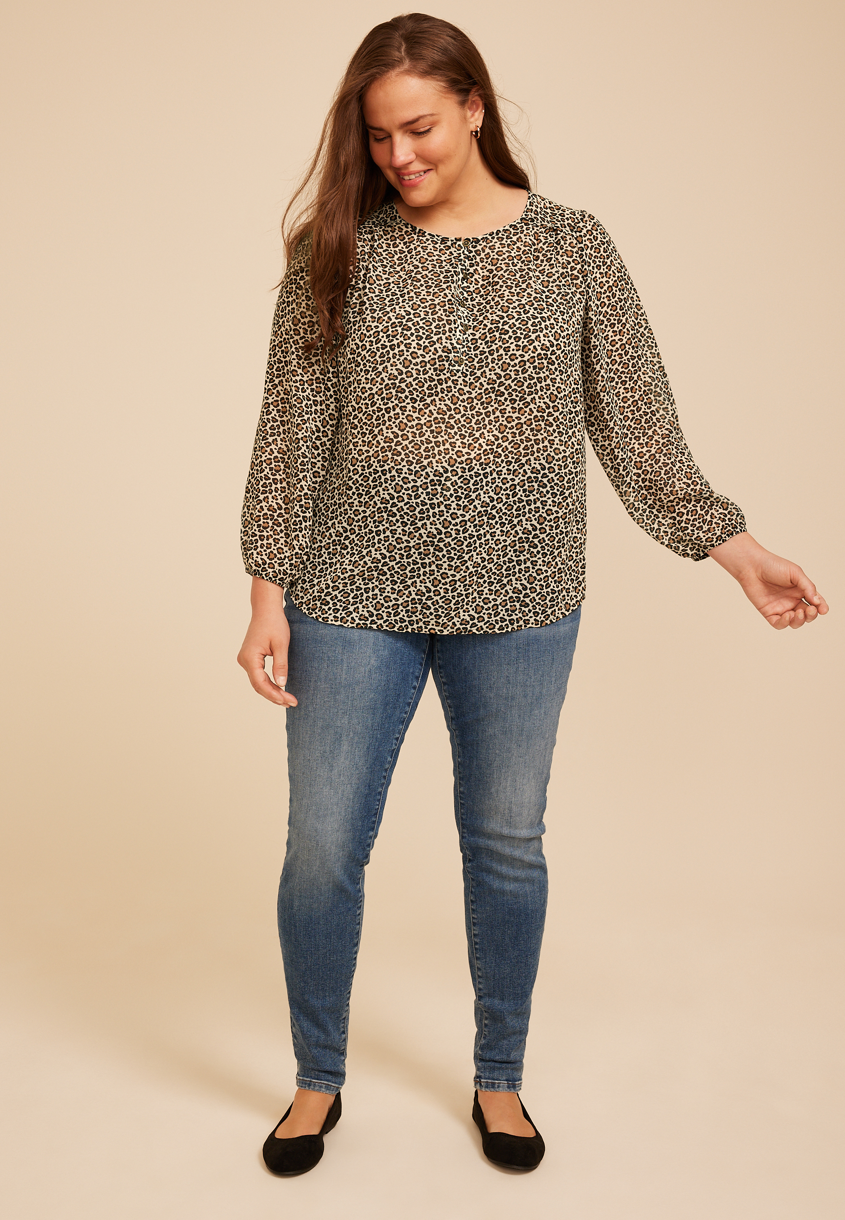 Plus Size Animal Chiffon Henley Blouse