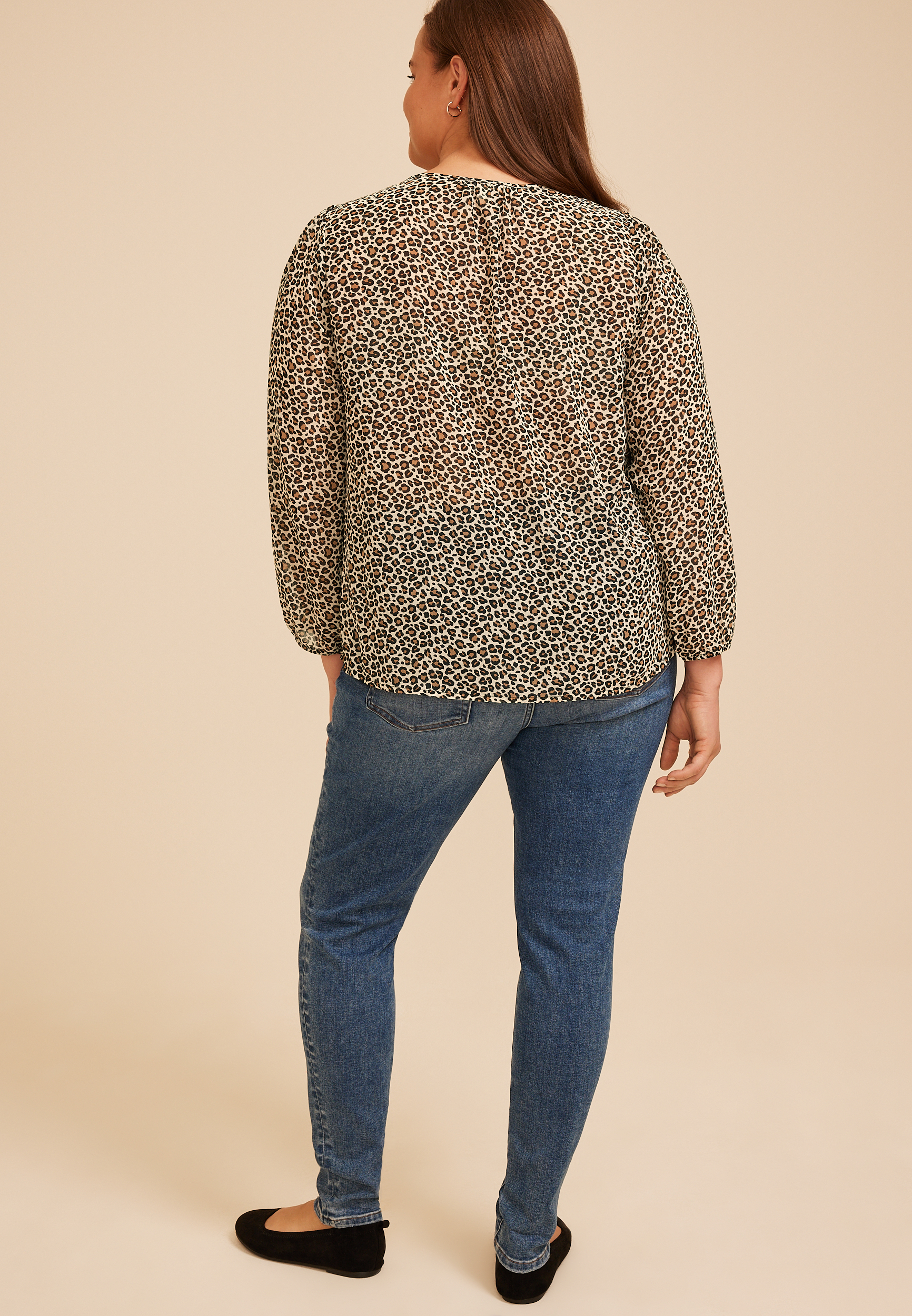 Plus Size Animal Chiffon Henley Blouse, C5899, large