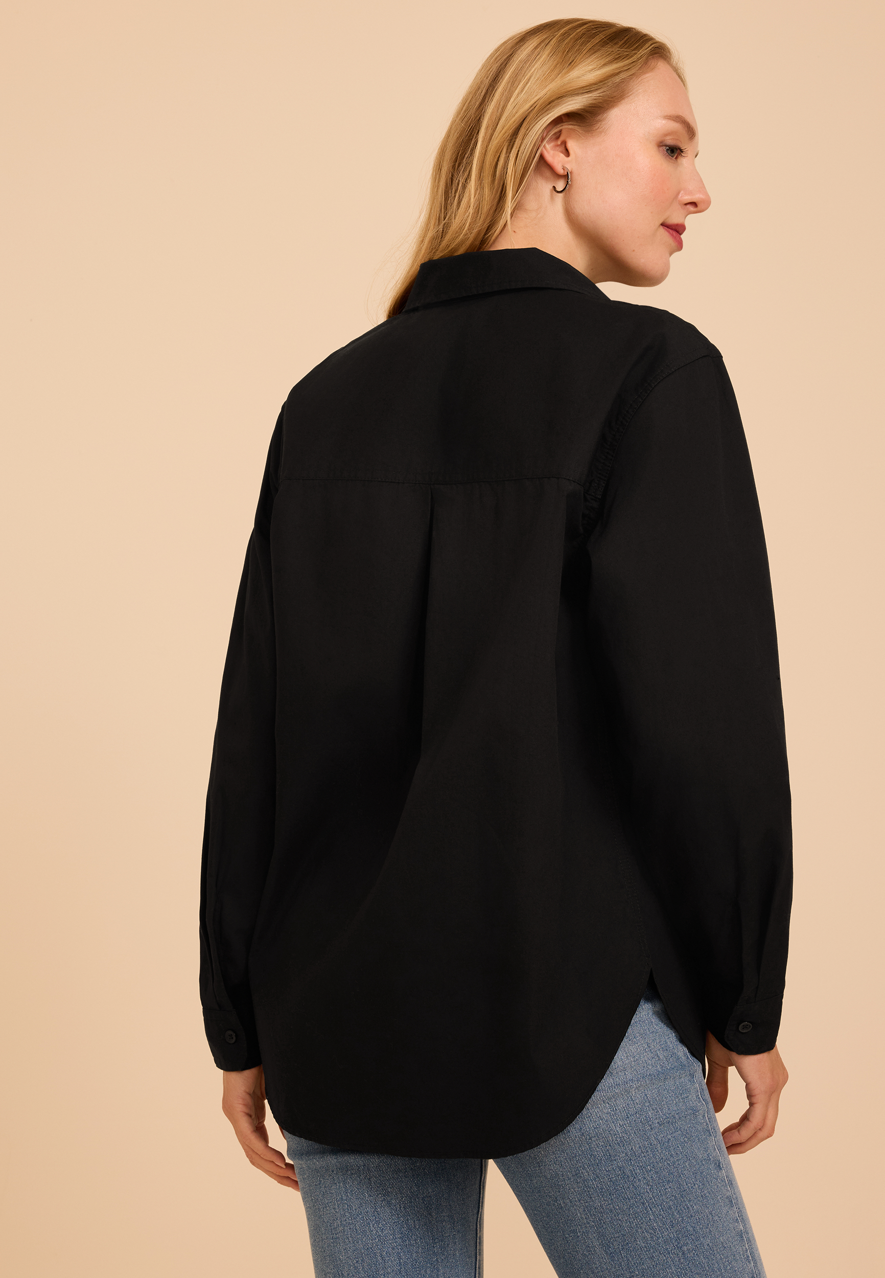 Long Sleeve Black Button Down Poplin Shirt, C106, large