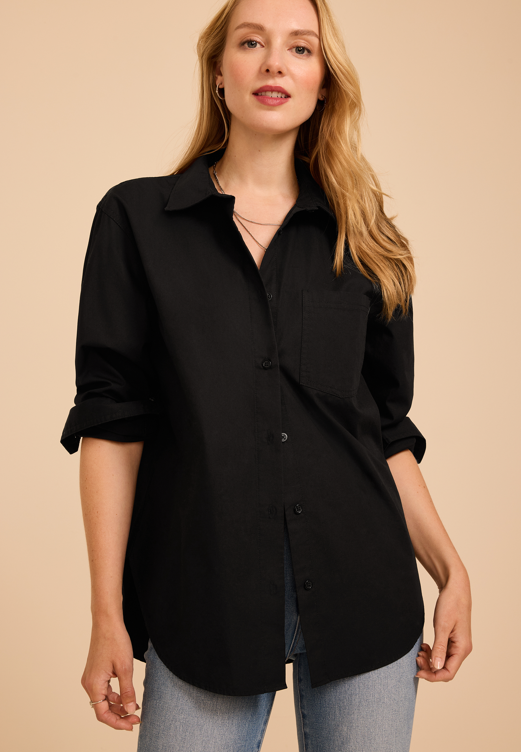 Long Sleeve Black Button Down Poplin Shirt, C106, large