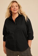 Plus Size Black Button Down Poplin Shirt, C106, small