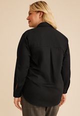 Plus Size Black Button Down Poplin Shirt, C106, small