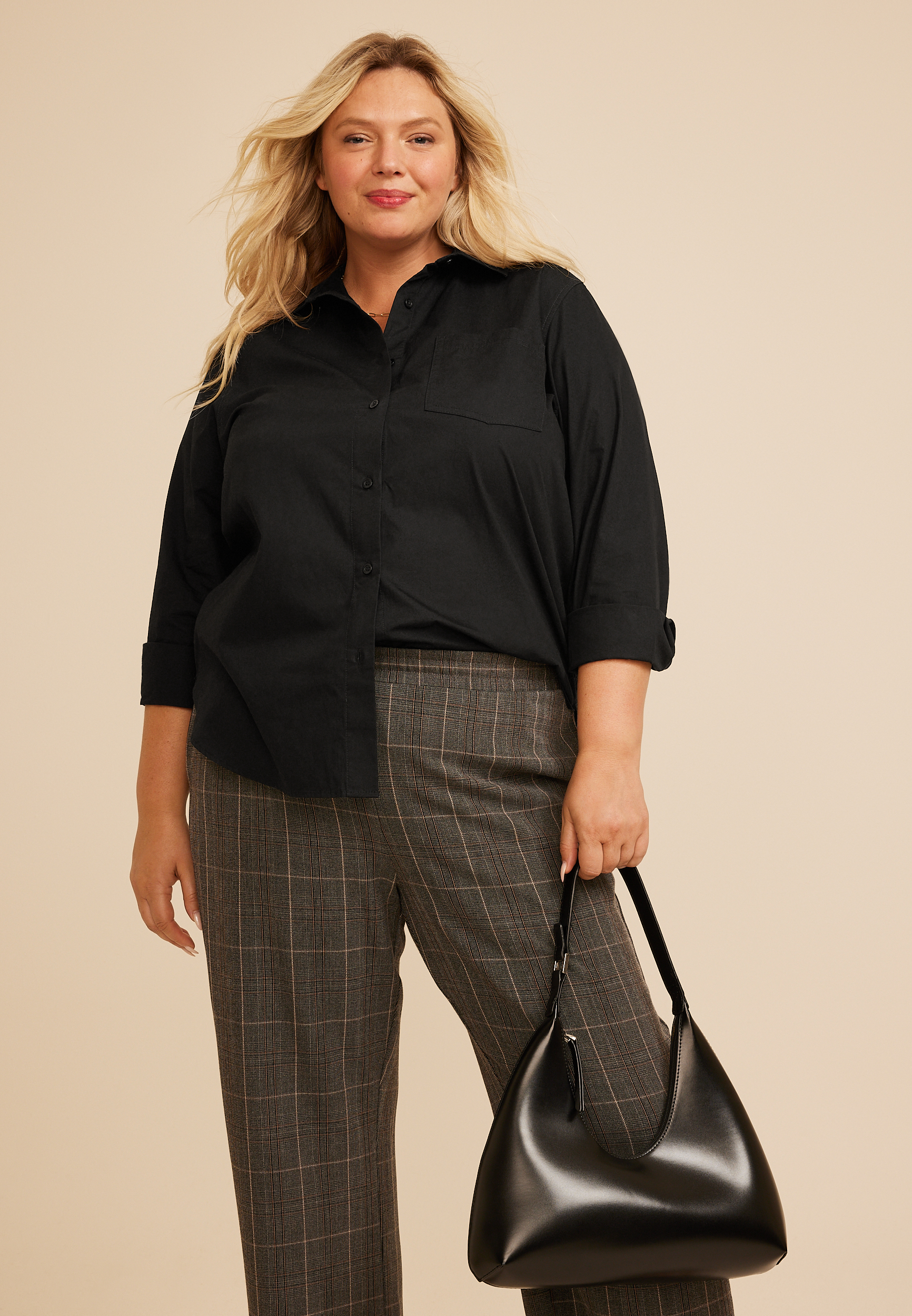Plus Size Black Button Down Poplin Shirt, C106, large