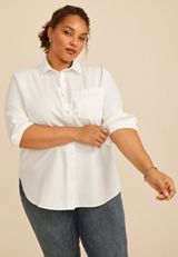 Plus Size White Button Front Poplin Shirt, C6245, small