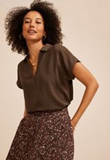 Split Neck Collared Blouse, COFFEE BEAN, small