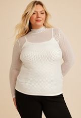 Plus Size Mesh Polka Dot Mock Neck Top, C5487, small