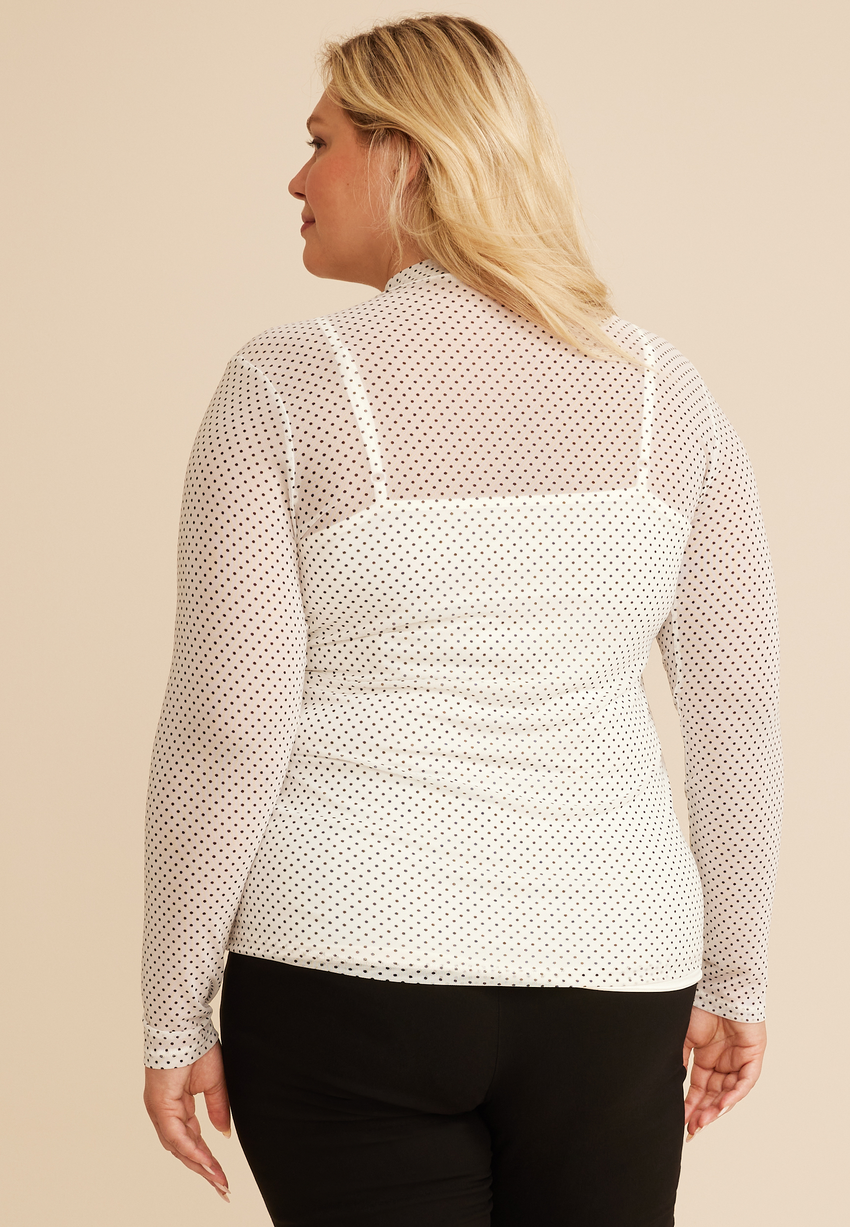 Plus Size Mesh Polka Dot Mock Neck Top, C5487, large