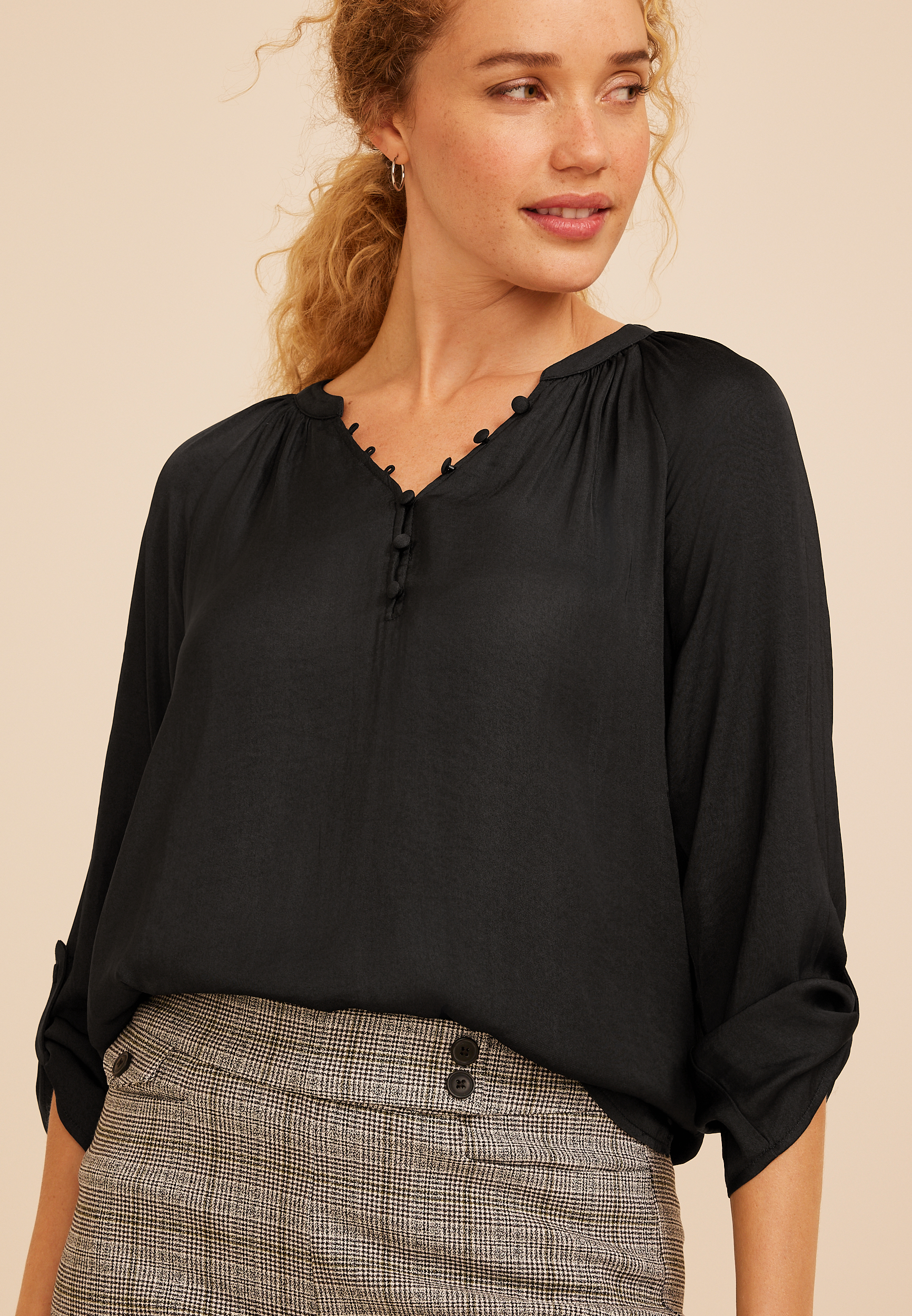 Split Neck Henley 3/4 Sleeve Blouse, C106, large