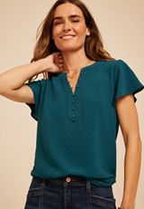 Short Flutter Sleeve Henley Blouse, C3784, small