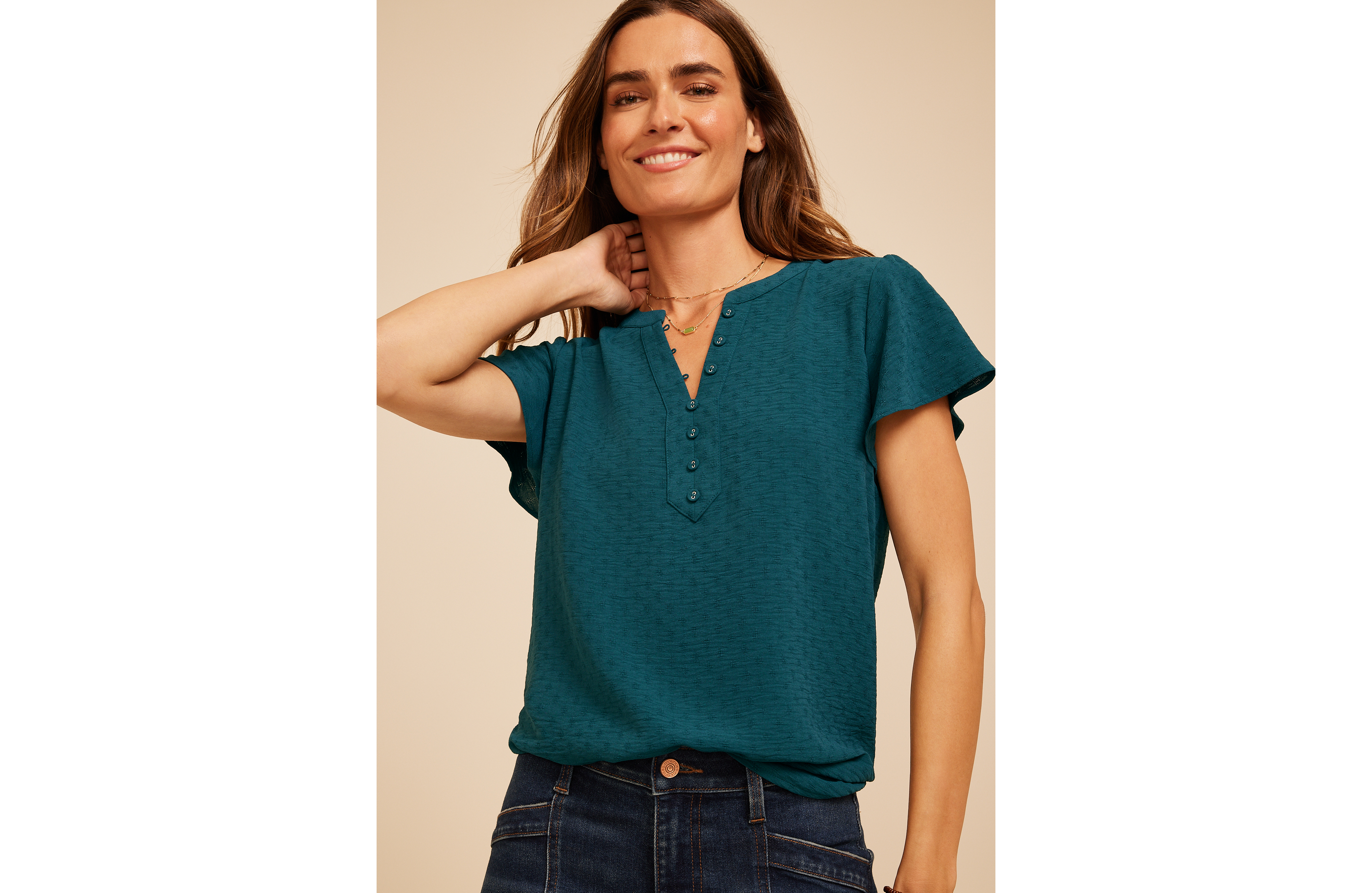 Short Flutter Sleeve Henley Blouse