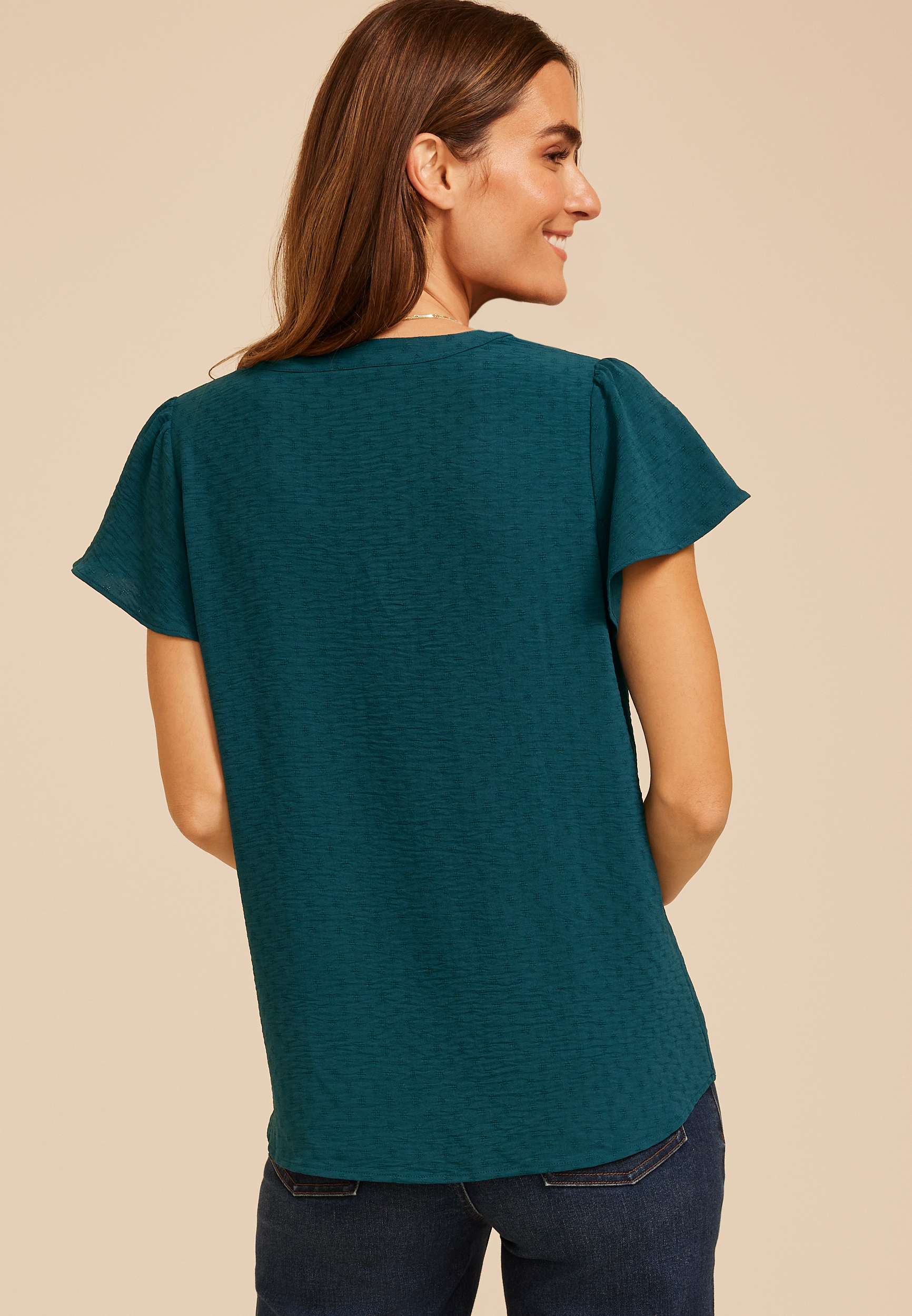 Short Flutter Sleeve Henley Blouse, C3784, large