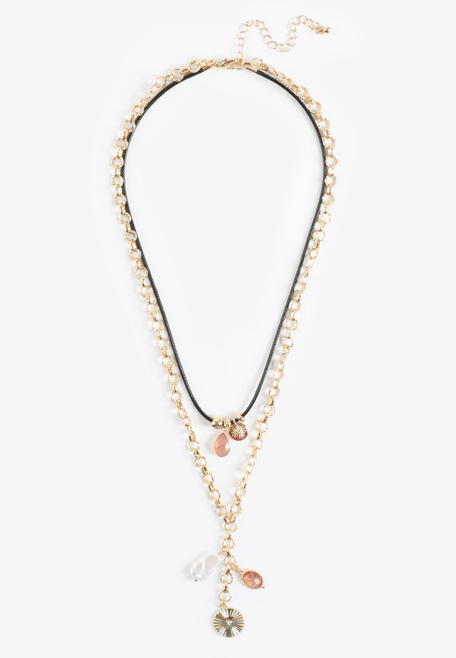 Pink Stone And Pearl Charm Double Layer Necklace, C605, large