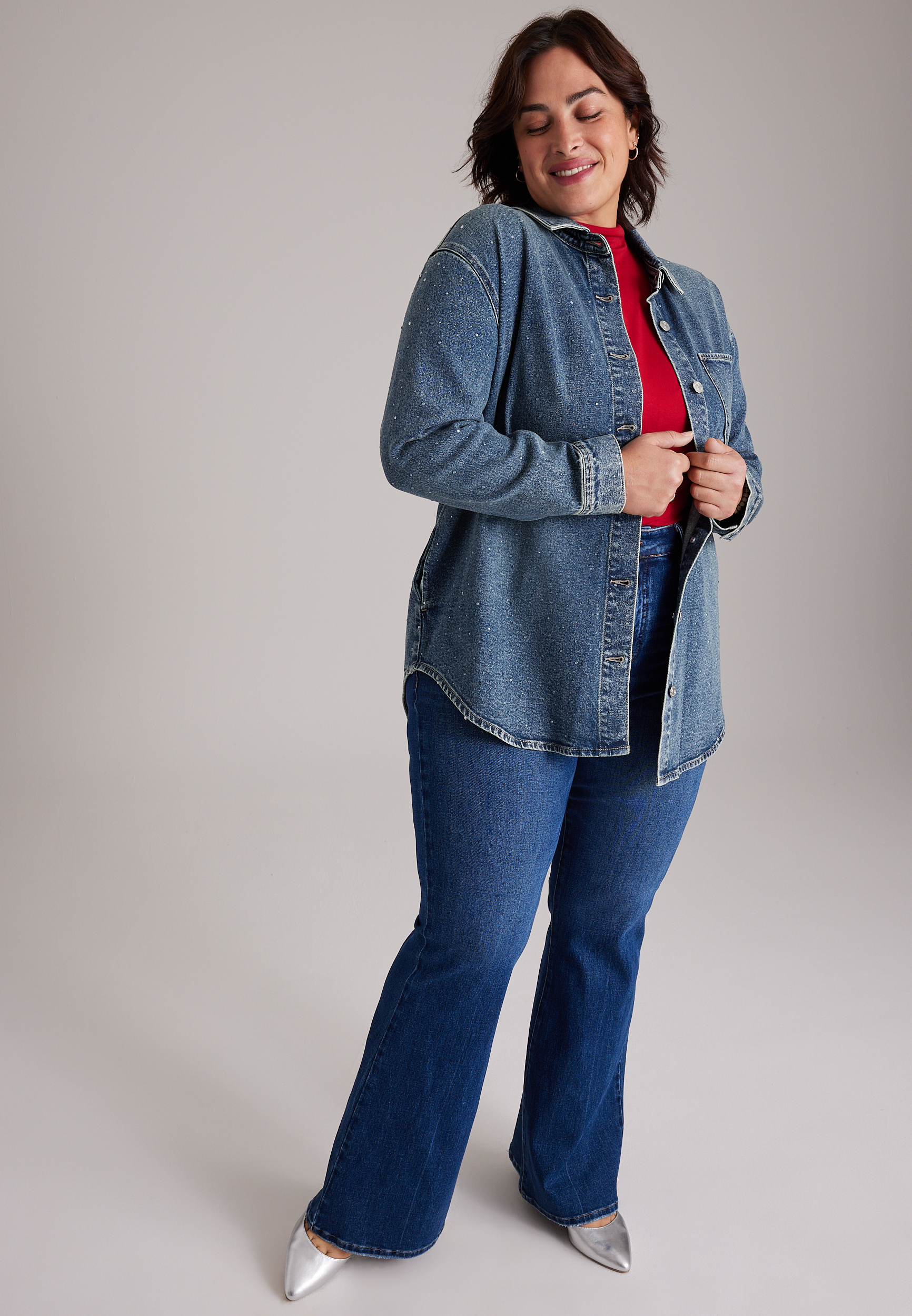 Plus Size Denim Sparkle Shacket, C258, large
