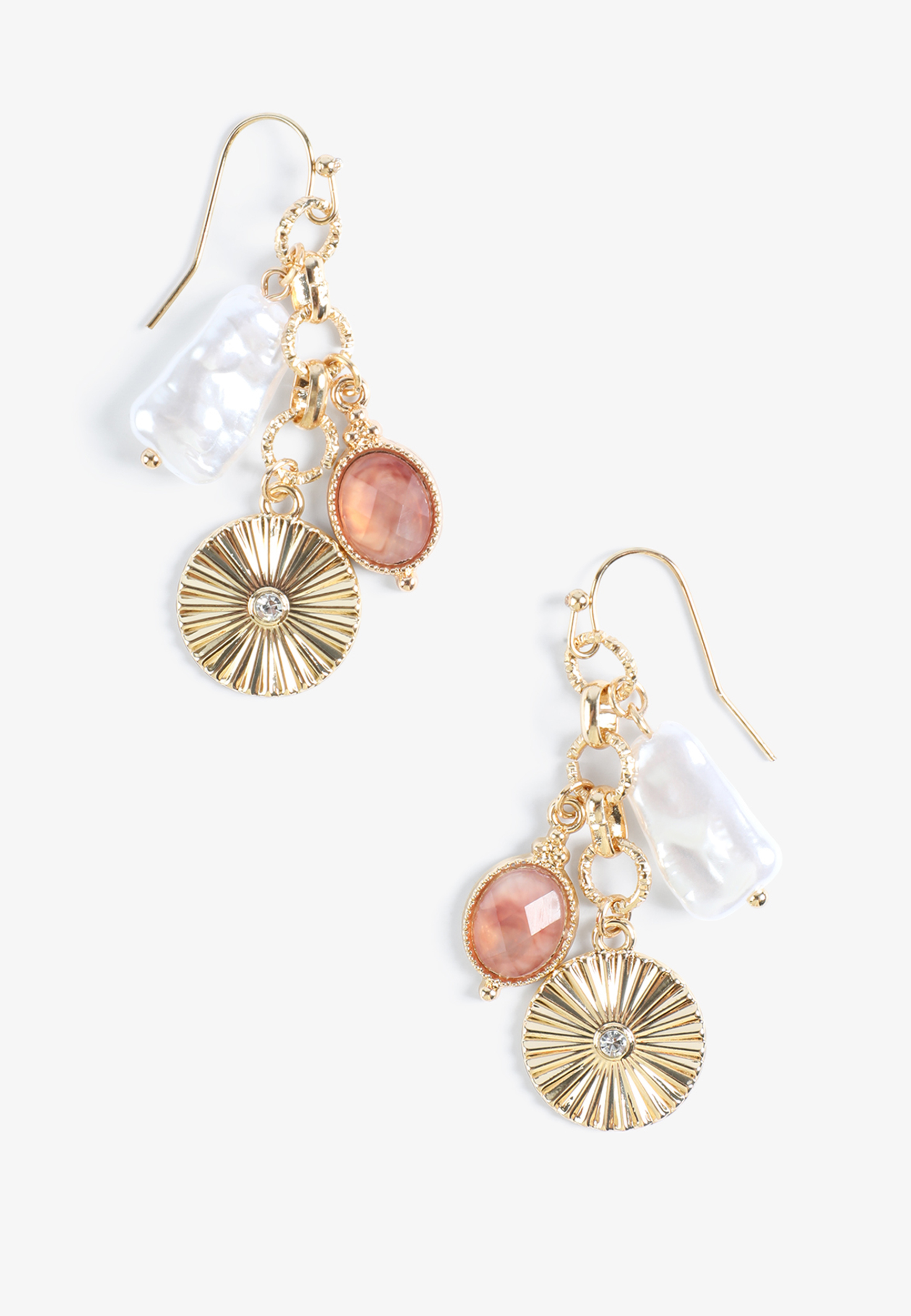 Pink Stone And Pearl Charm Drop Earrings