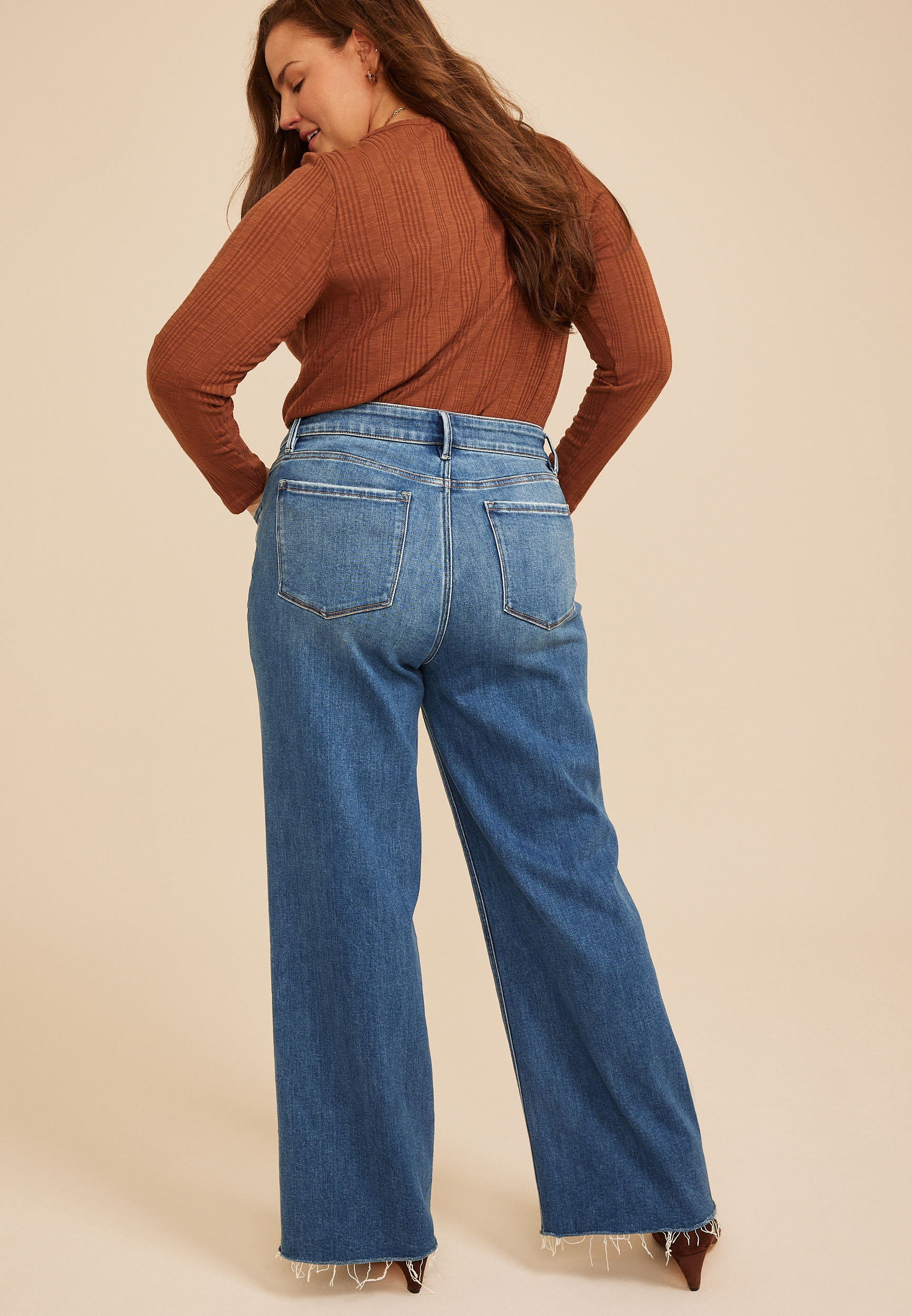 Plus Size Flying Monkey™ Mid Rise Raw Hem Wide Leg Jeans, C3337, large