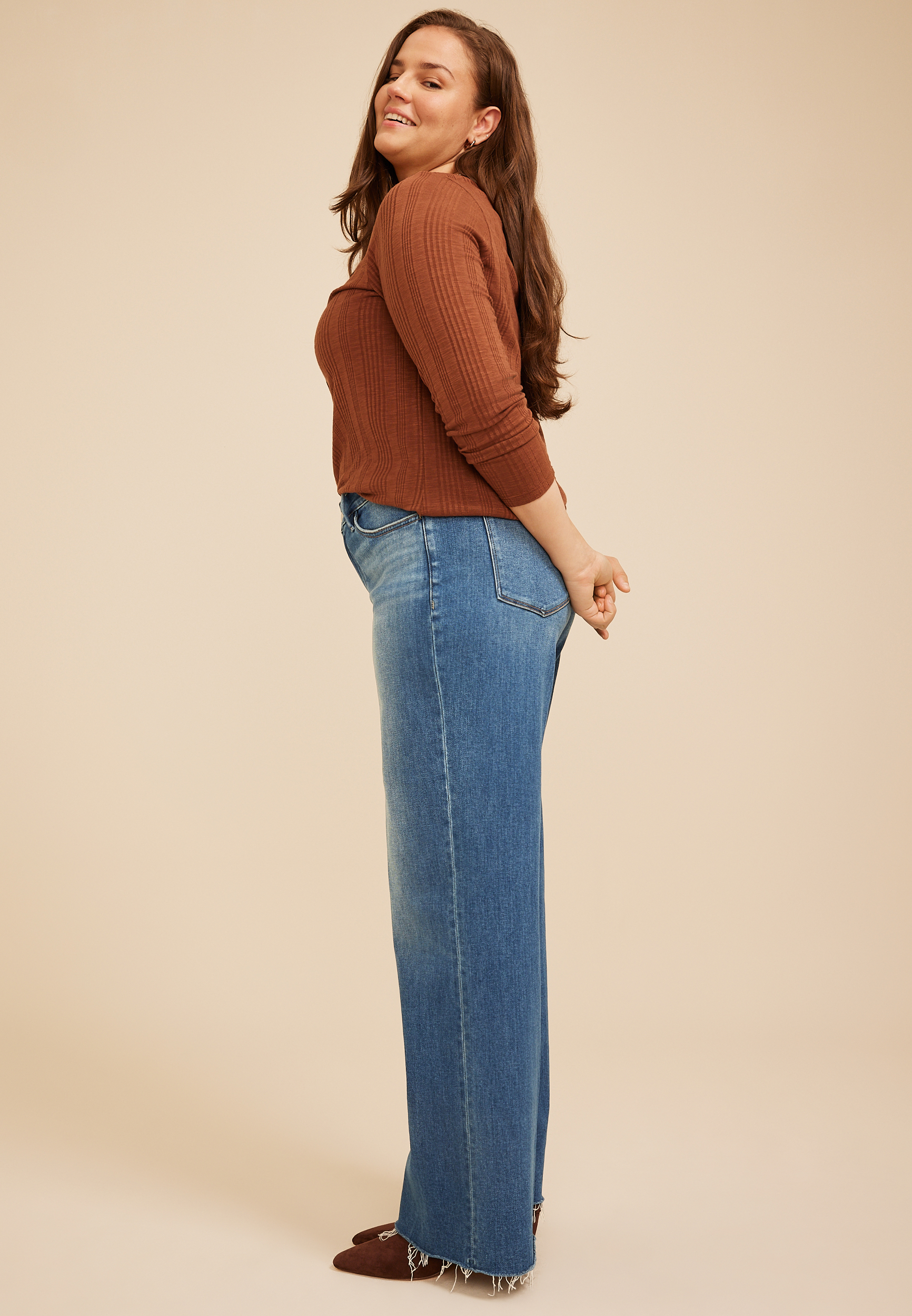 Plus Size Flying Monkey™ Mid Rise Raw Hem Wide Leg Jeans, C3337, large