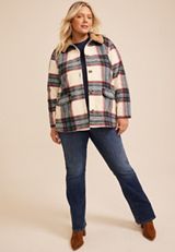 Plus Size Sherpa Collar Plaid Jacket, C5487, small