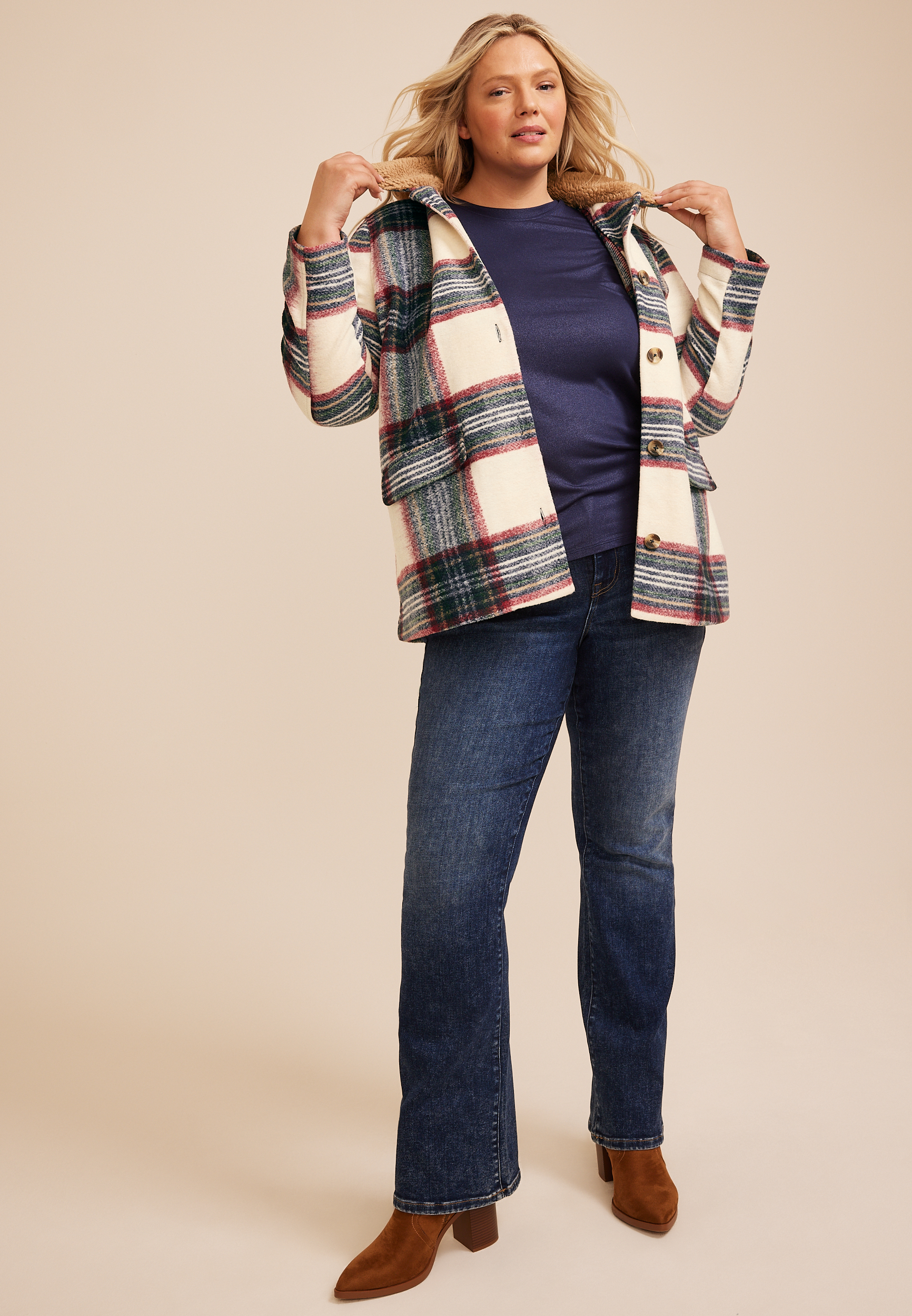 Plus Size Sherpa Collar Plaid Jacket, C5487, large