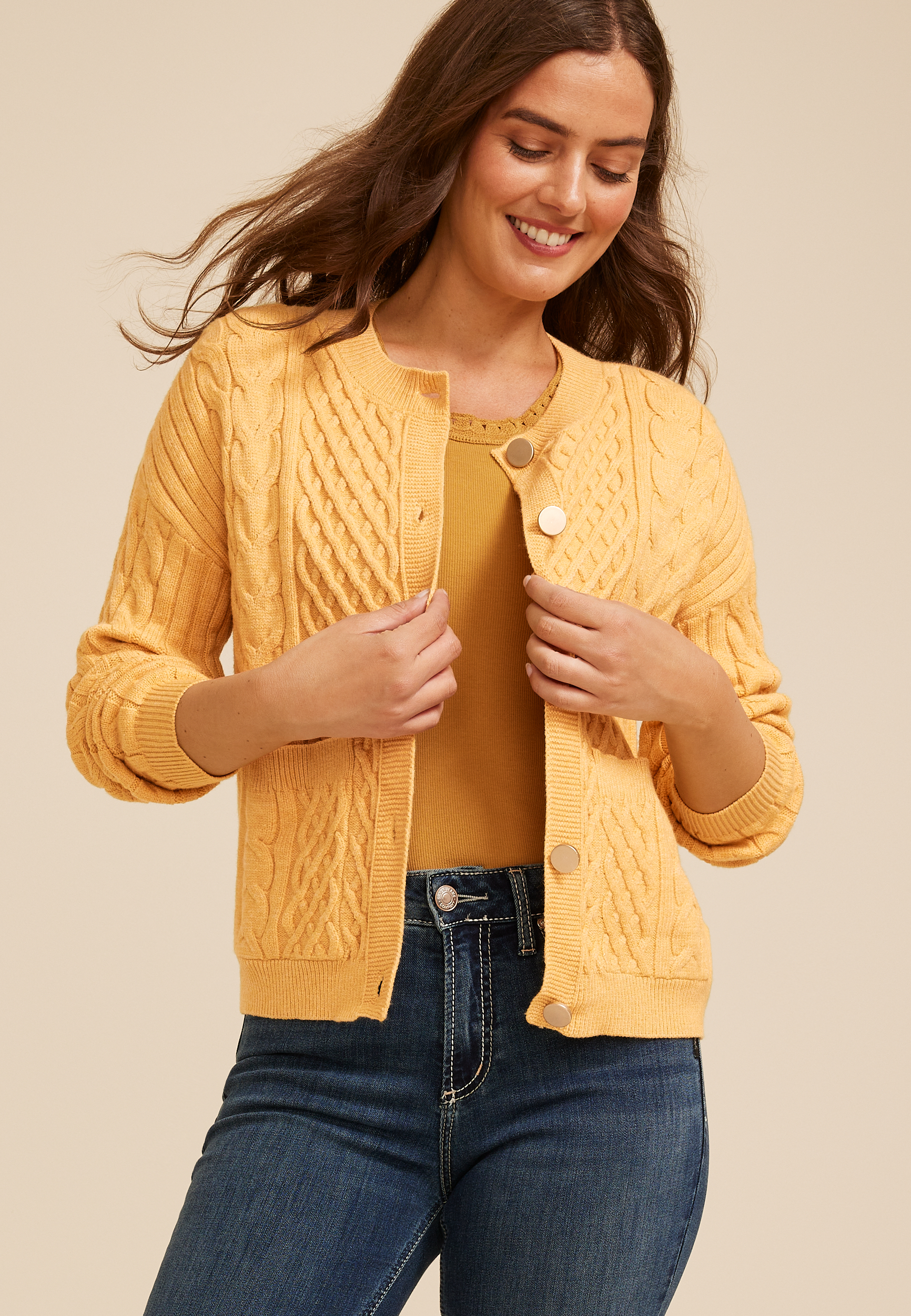 Cable Knit Button Front Cardigan, C9227, large