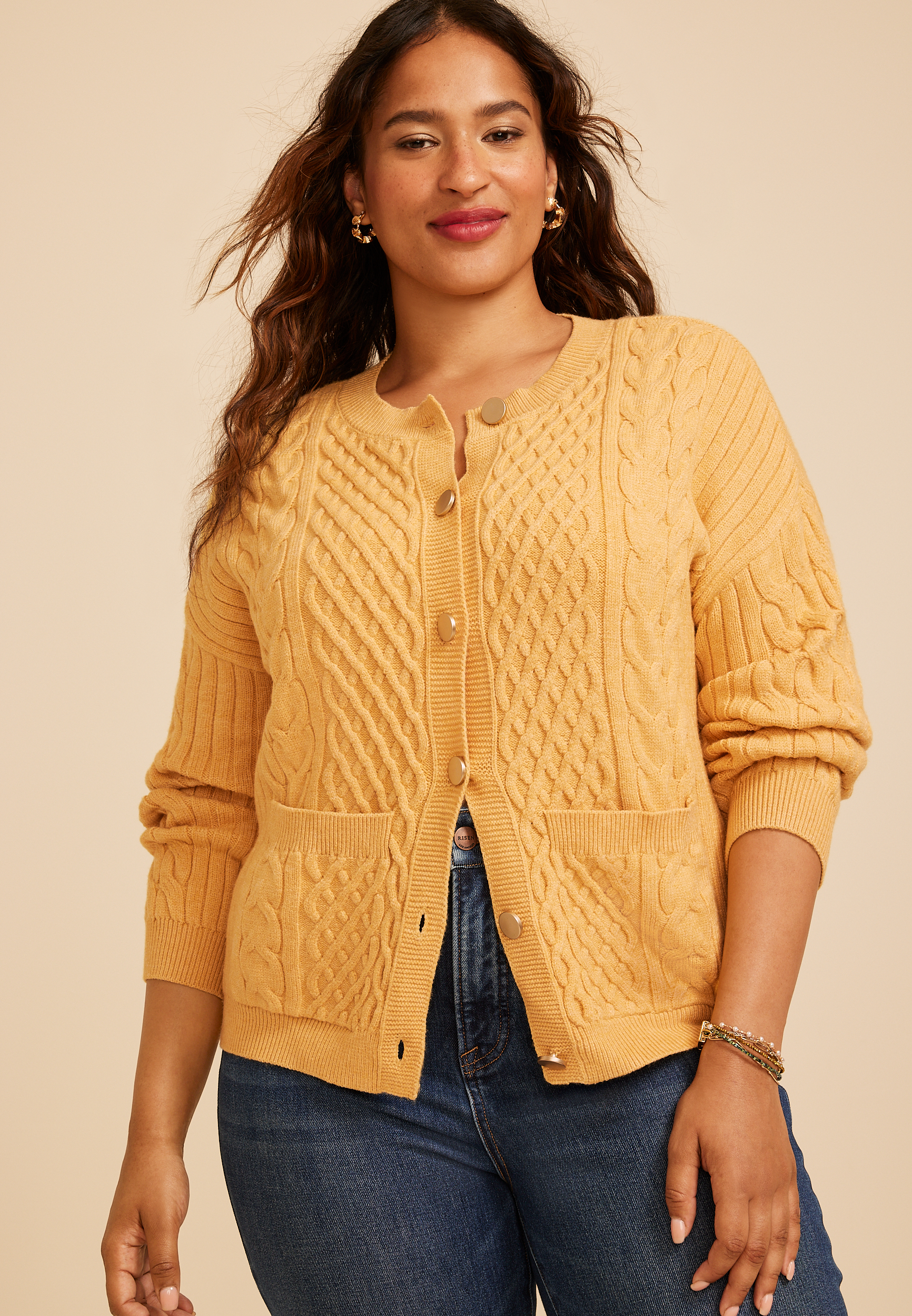 Plus Size Cable Knit Button Front Cardigan, C9227, large
