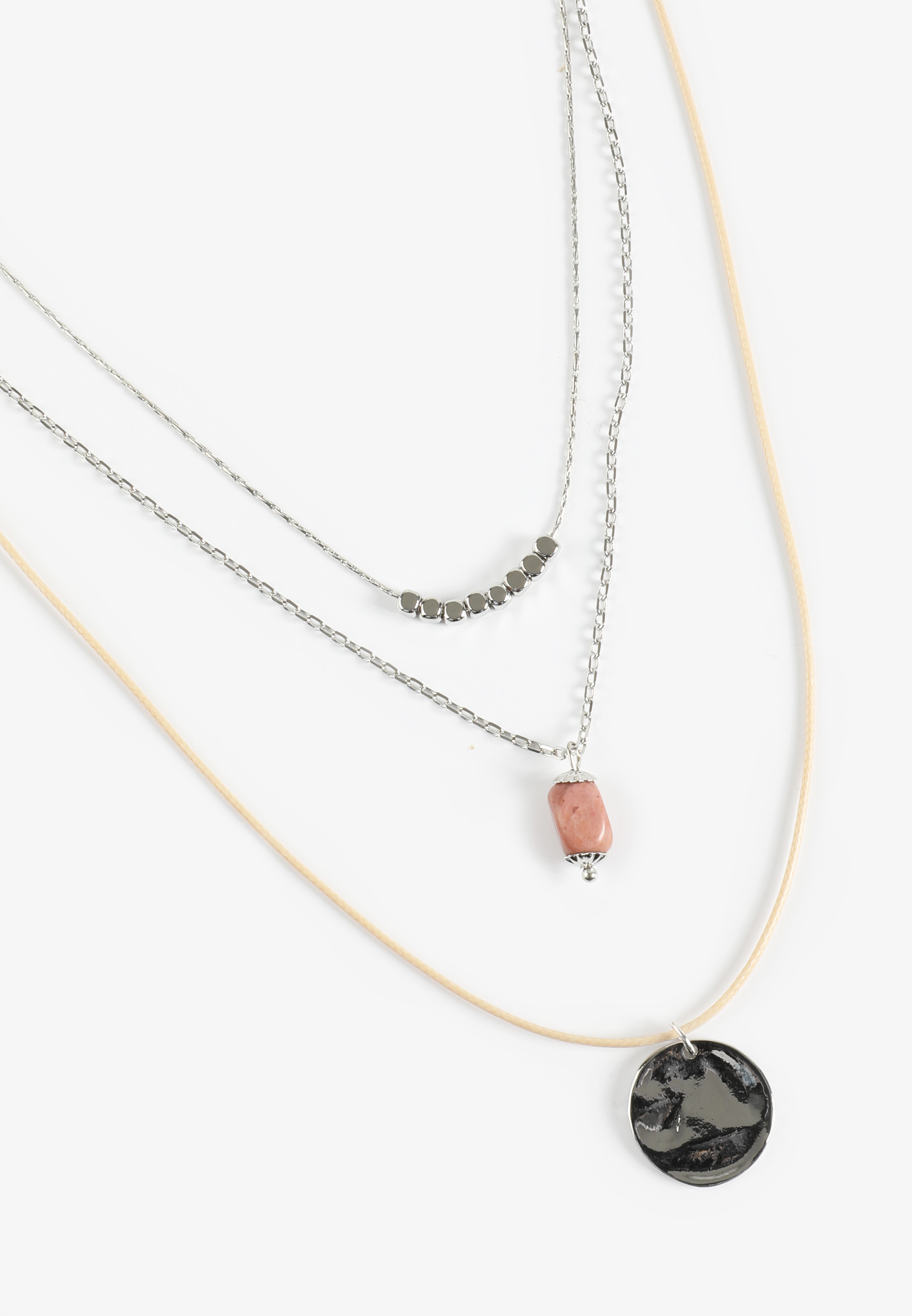 Silver Hammered Disc Triple Layered Necklace