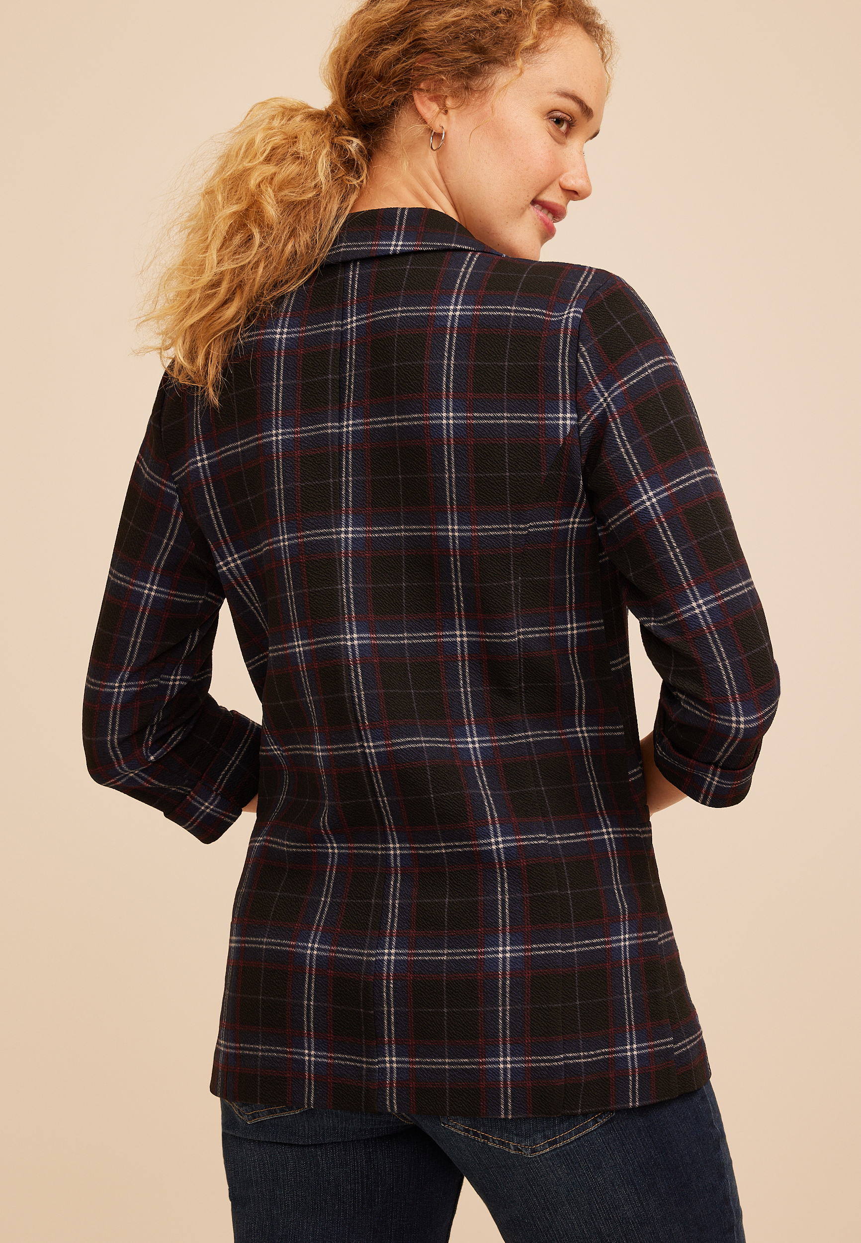 Versa 3/4 Sleeve Plaid Blazer, C54, large