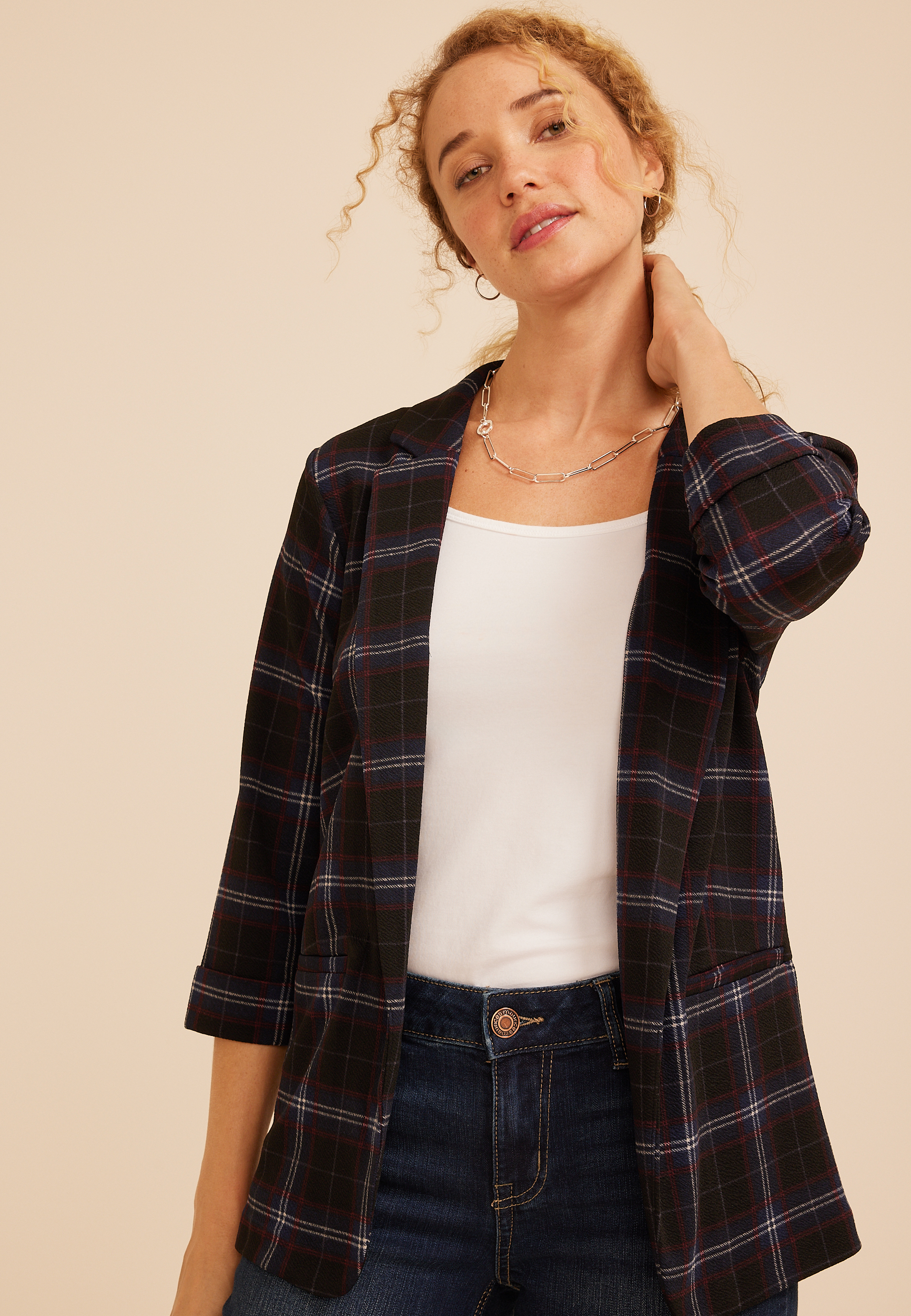 Versa 3/4 Sleeve Plaid Blazer, C54, large