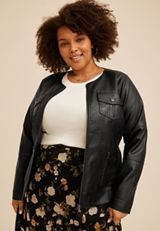 Plus Size Faux Leather Trucker Jacket, C106, small