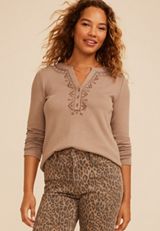 Embroidered Ribbed Henley Top, C211, small