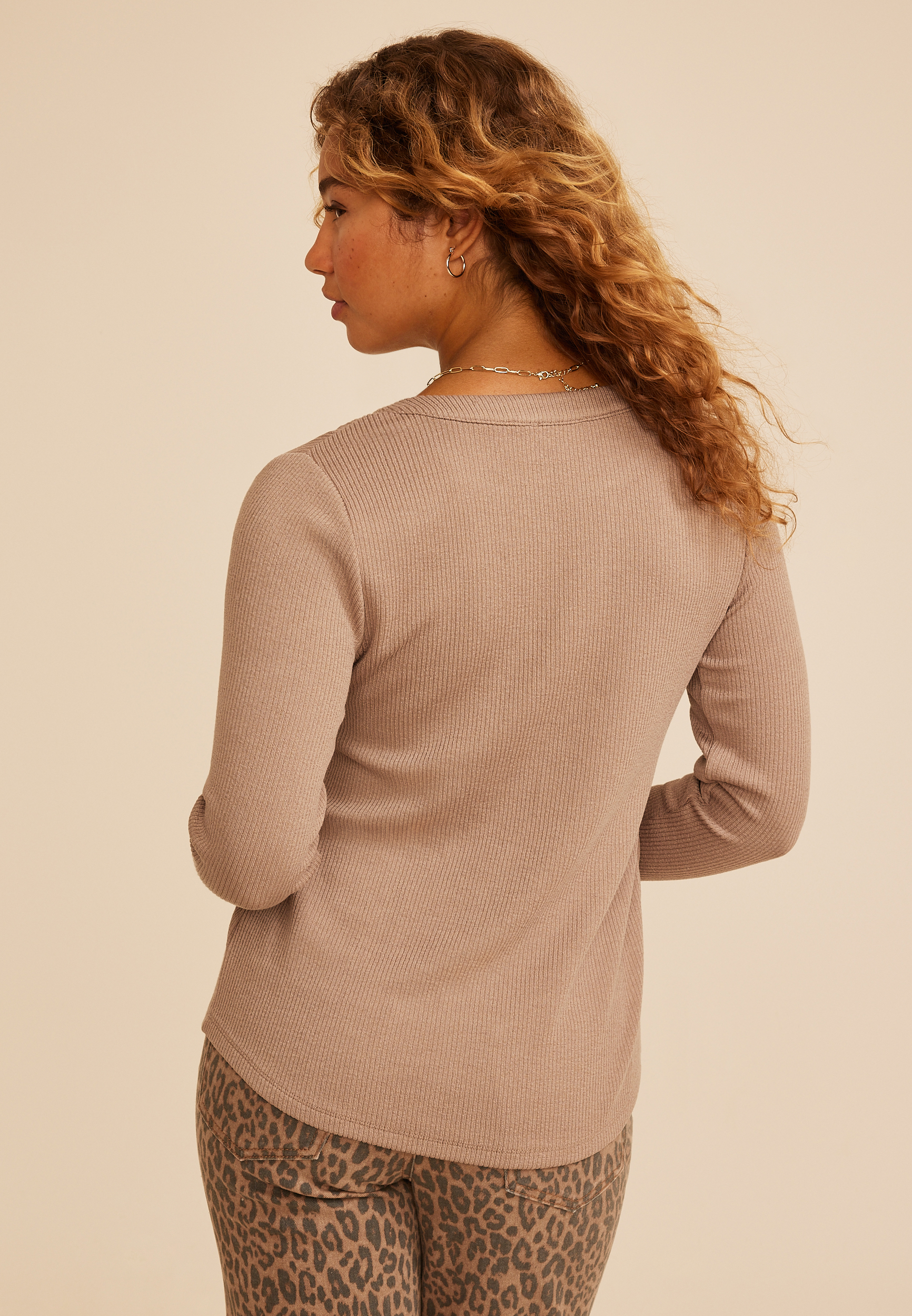 Embroidered Ribbed Henley Top, C211, large