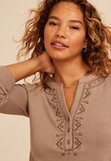 Embroidered Ribbed Henley Top, C211, small