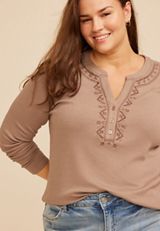 Plus Size Embroidered Ribbed Henley Top, C211, small