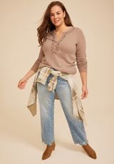 Plus Size Embroidered Ribbed Henley Top, C211, small