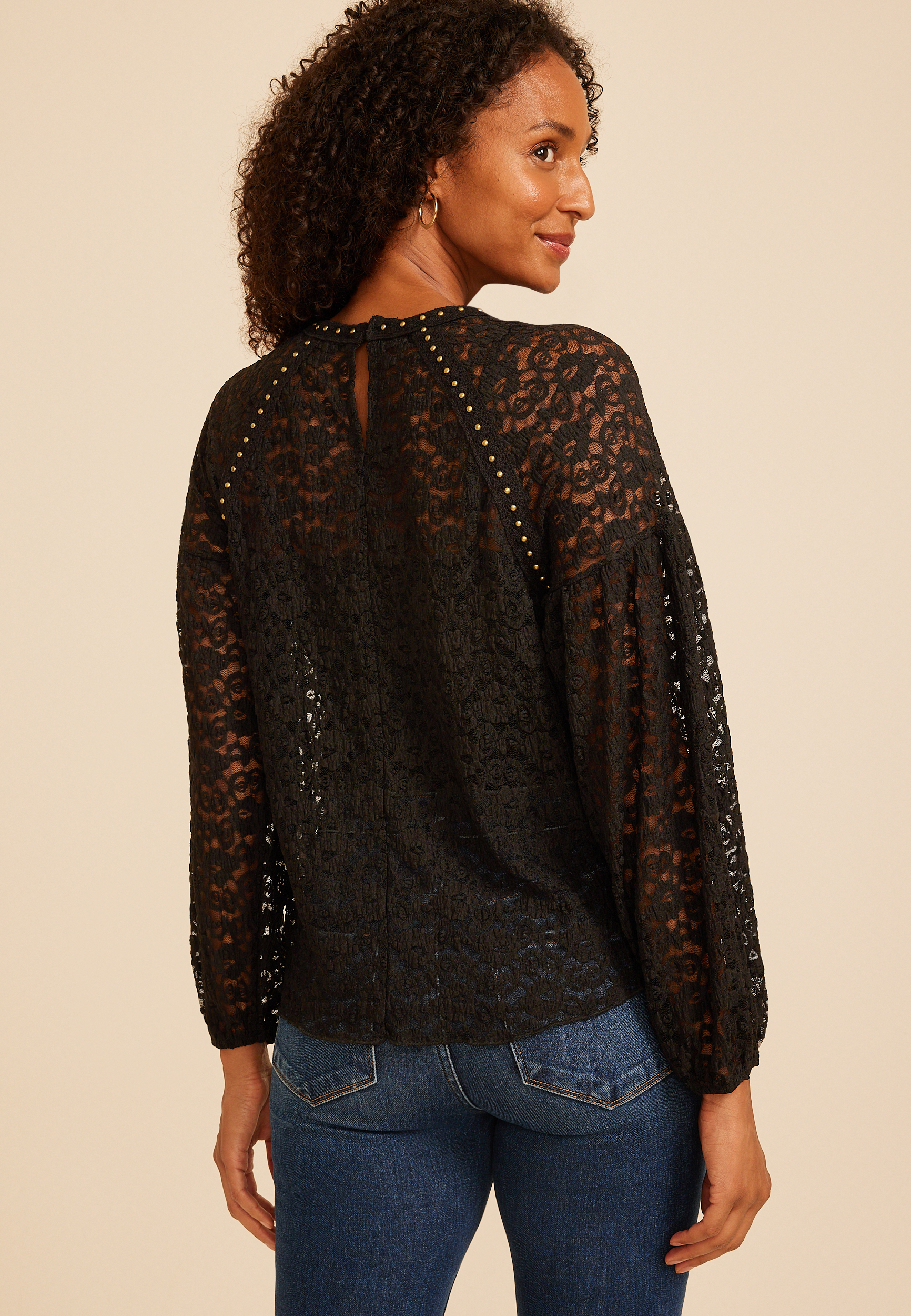 Studio Y Studded Lace Long Sleeve Blouse, C106, large