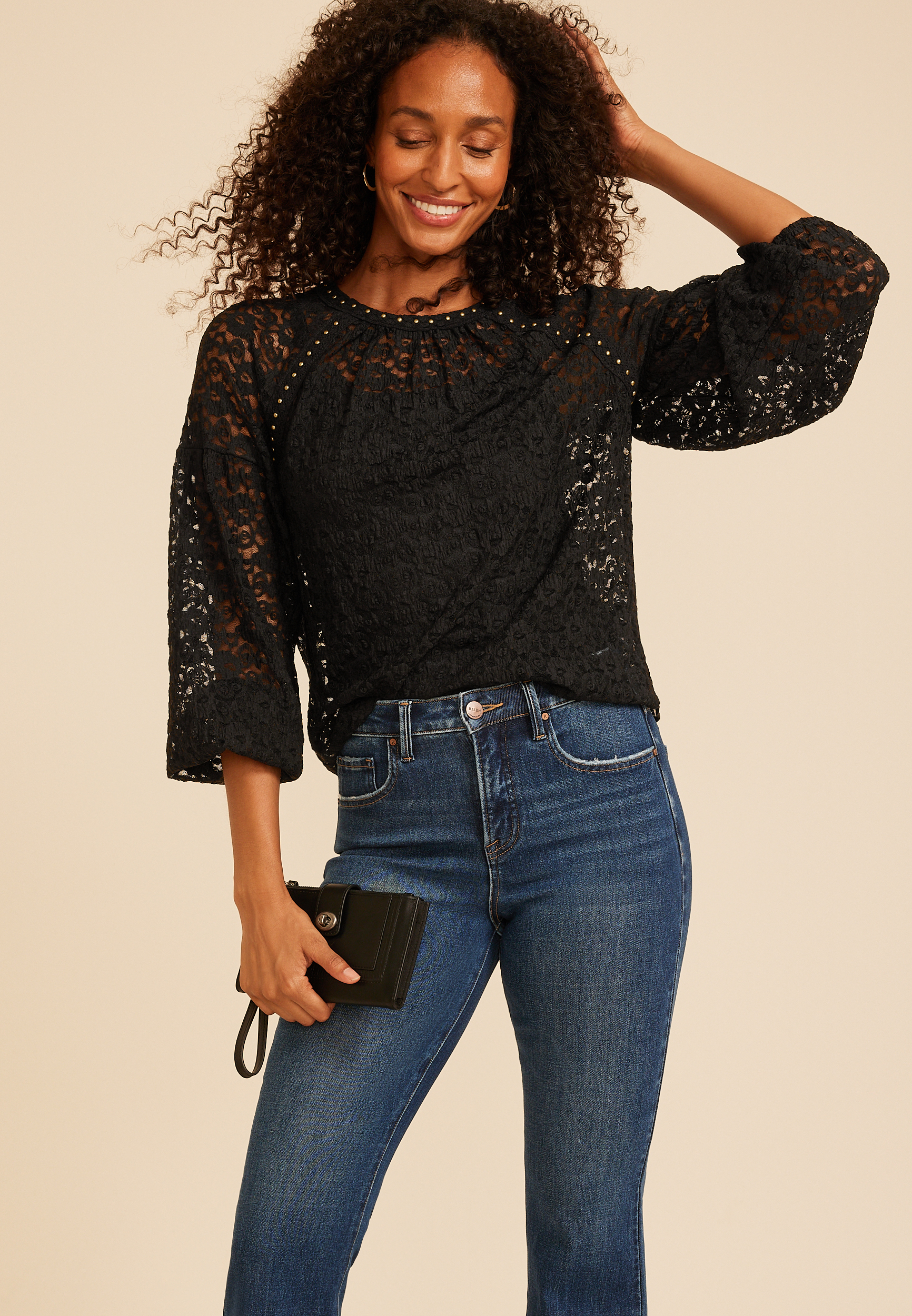 Studio Y Studded Lace Long Sleeve Blouse, C106, large