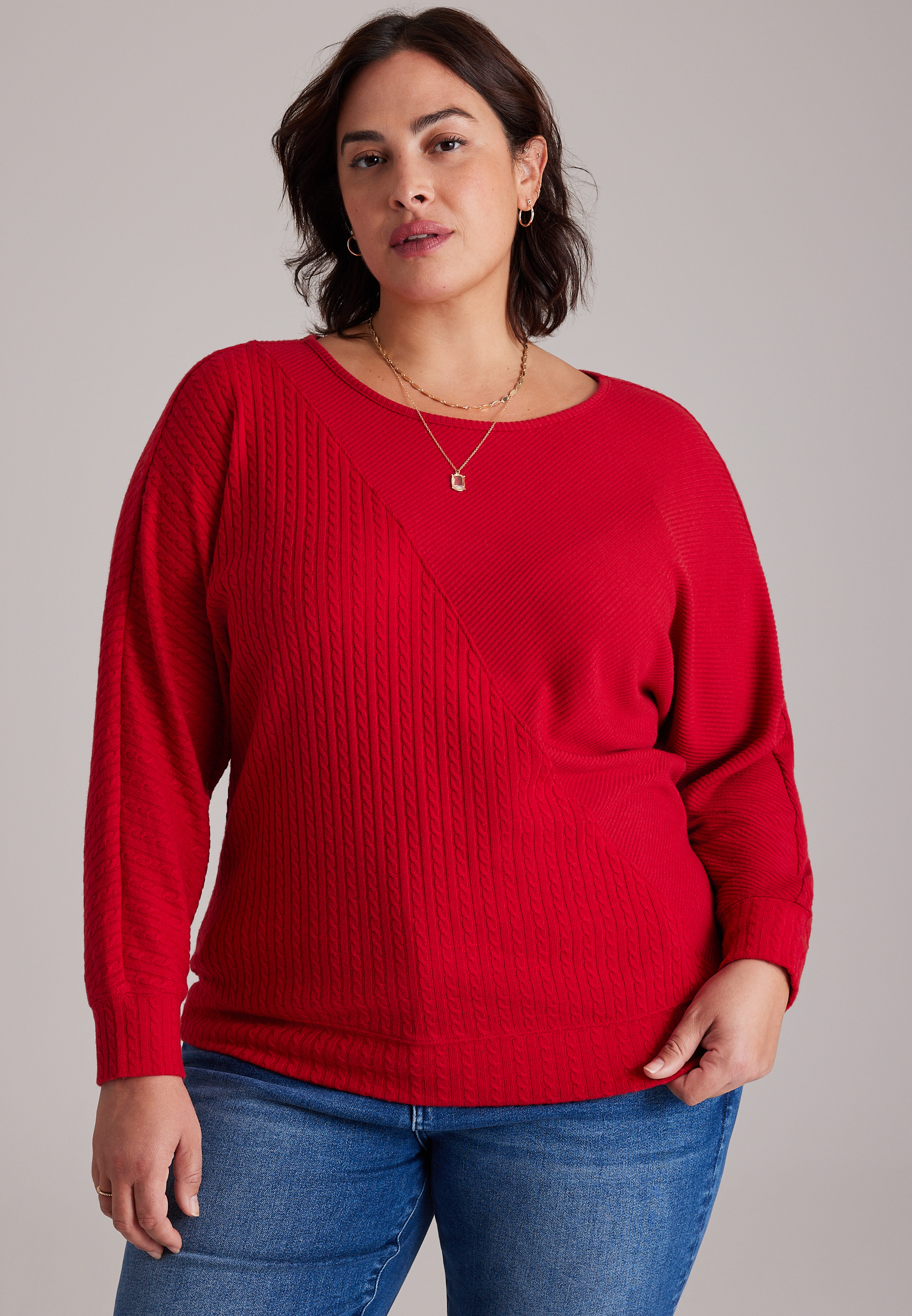 Plus Size 24/7 Cable Mix Dakota Long Sleeve Top, C5006, large