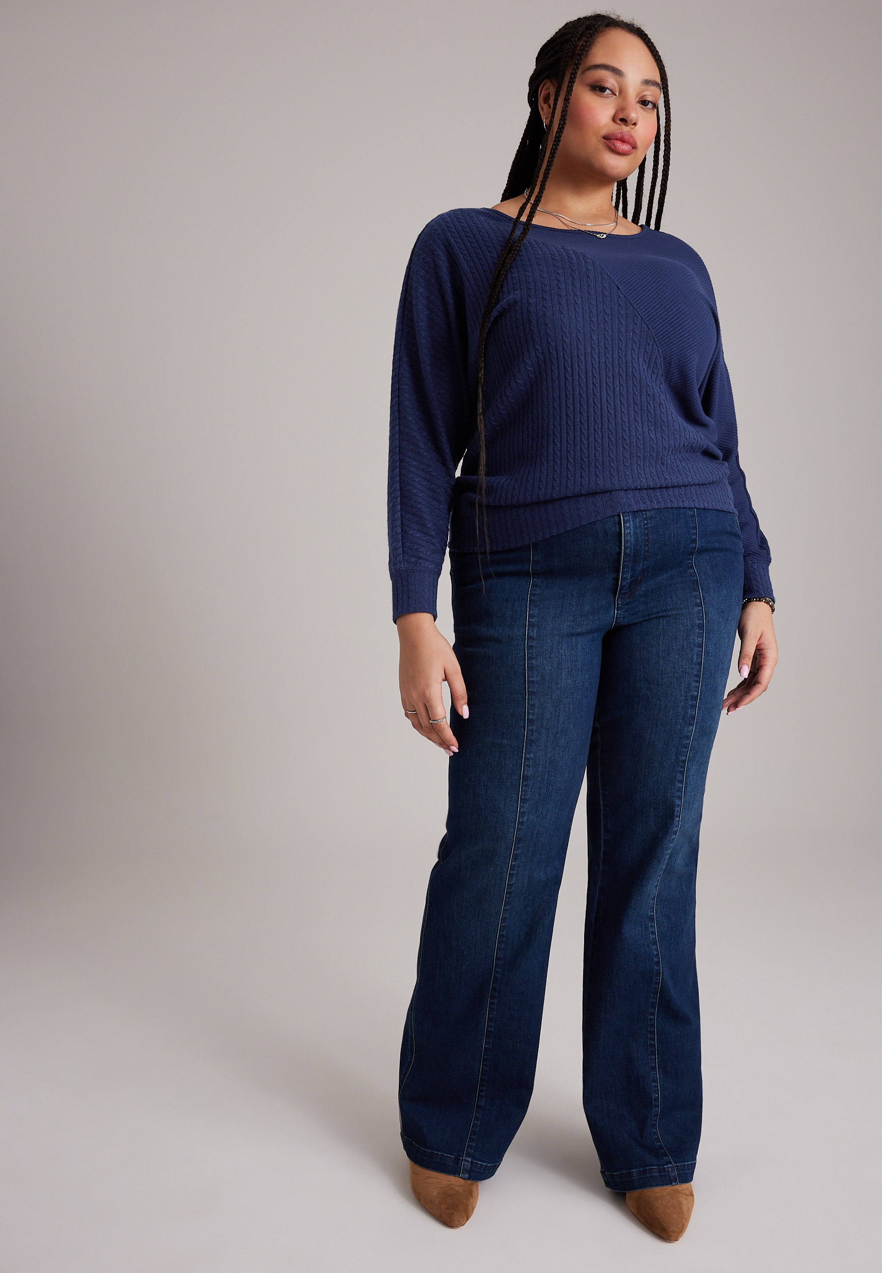 Plus Size 24/7 Cable Mix Dakota Long Sleeve Top, C9679, large