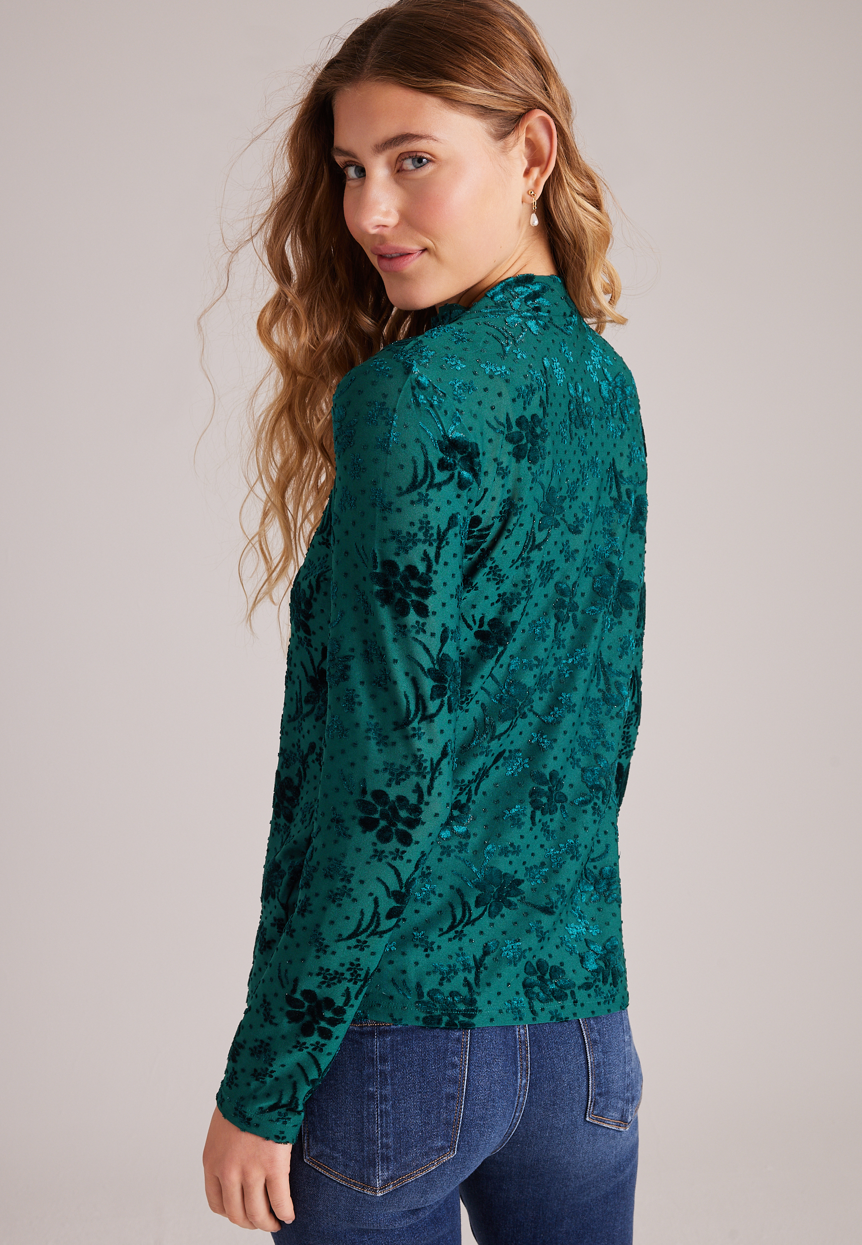 Studio Y Sparkle Flocked Mesh Mock Neck Top, C2714, large