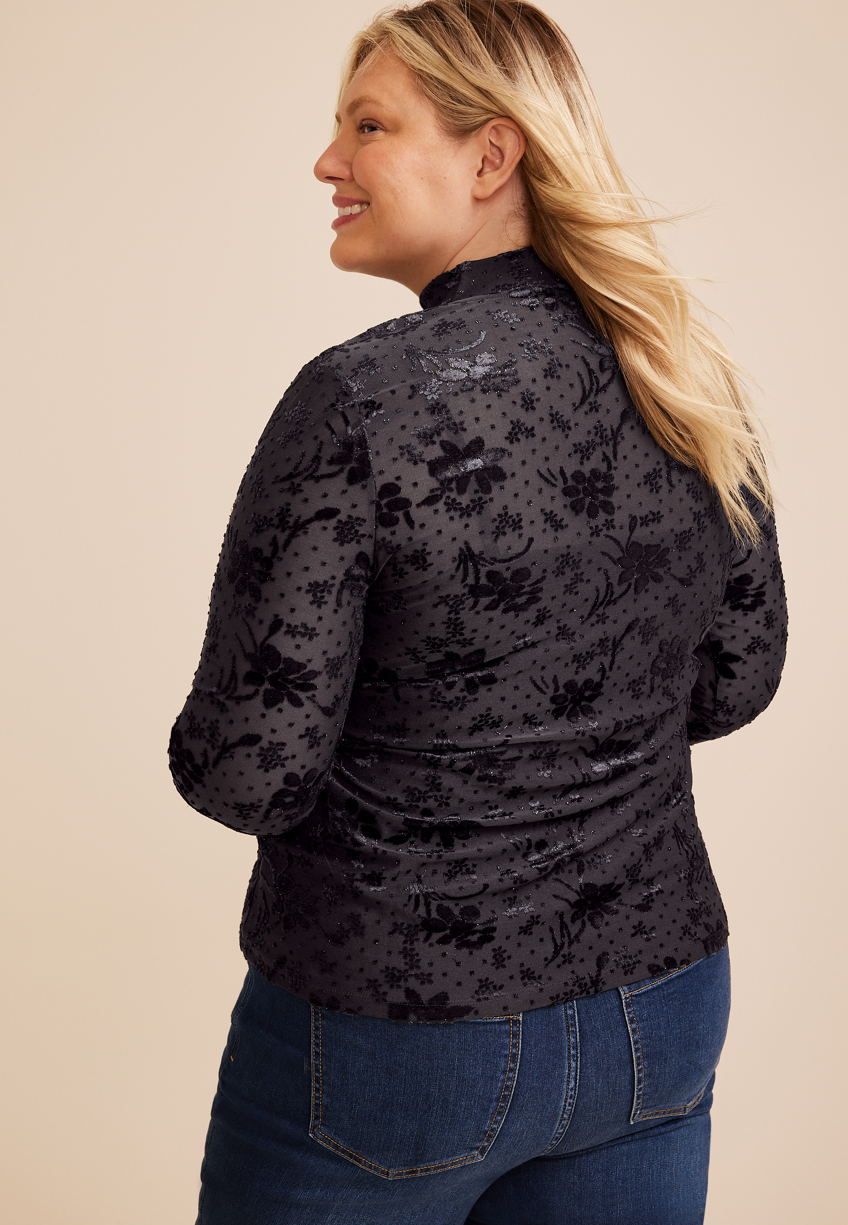 Plus Size Studio Y Sparkle Flocked Mesh Mock Neck Top, C4402, large